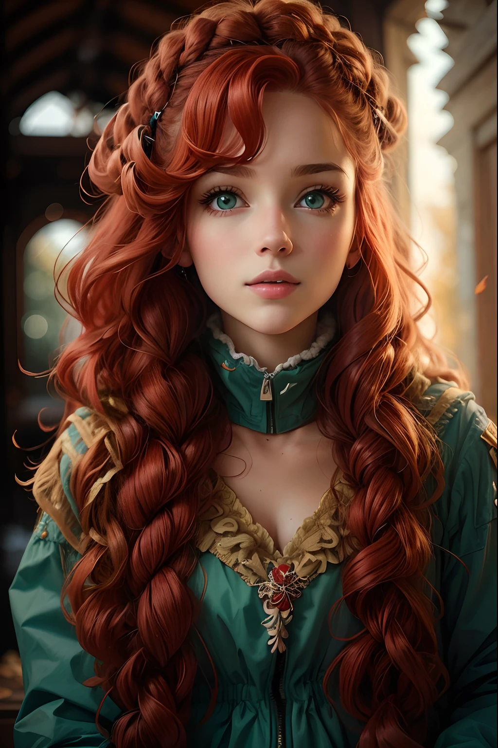 An extremely beautiful girl in red snowsuit: 28 years old, long curly red hair, flouncy hair, whirls, swirl, fluffy, natural light blue round eyes, French braids, green eyes, love, fall colors, leaves, cotton, warm, cozy, dynamic pose, 36k resolution, kodak photography autumn leaves, exterior background.