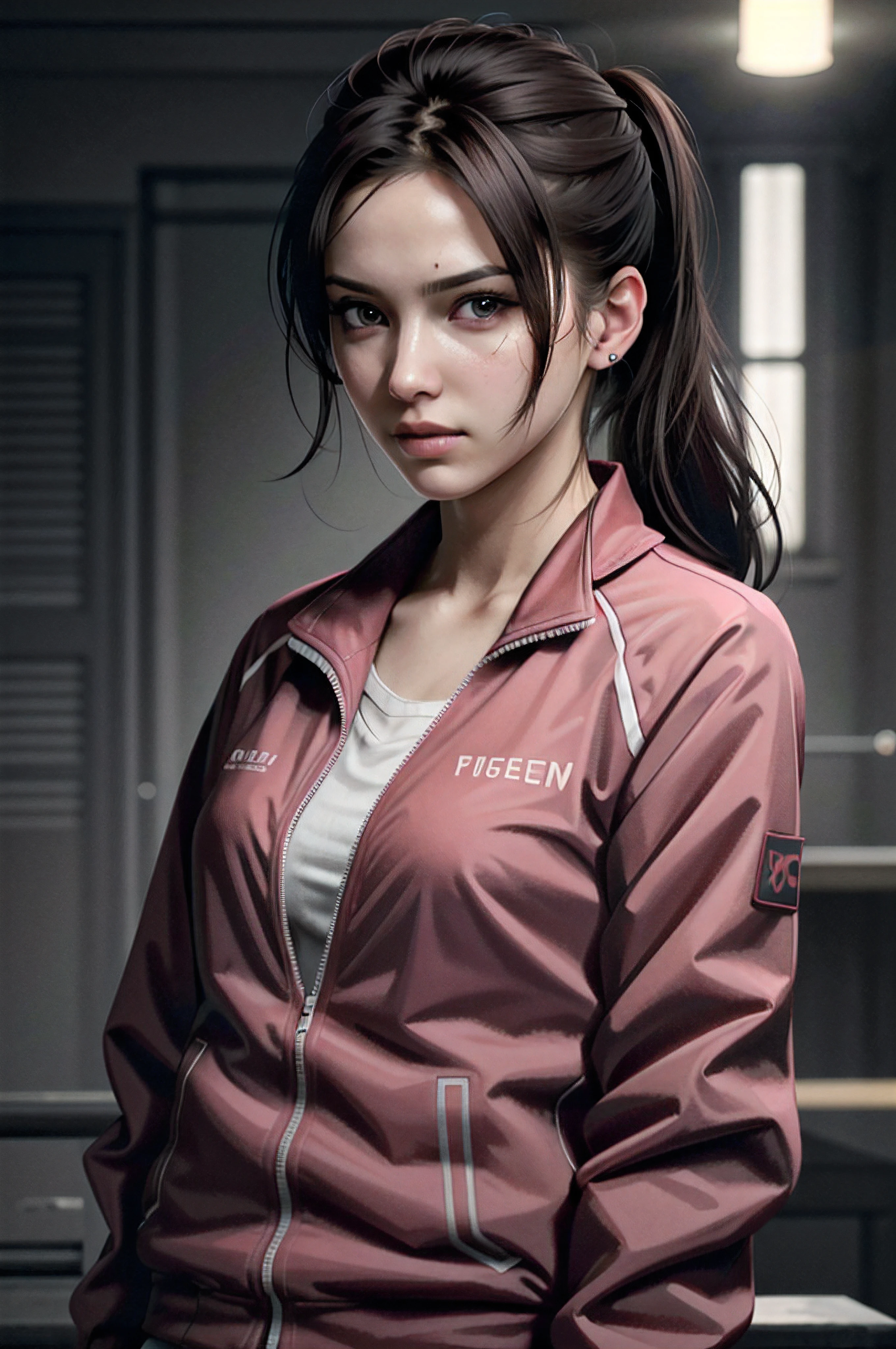 ZoeyLeft, solo, 1girl, realistic, long hair, jacket, upper body, lips, pink jacket, brown hair, ponytail, white shirt
,masterpiece, best quality, cinematic lighting, bloody