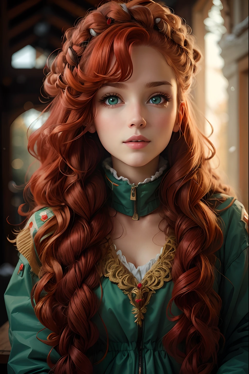 An extremely beautiful girl in red snowsuit: 28 years old, long curly red hair, flouncy hair, whirls, swirl, fluffy, natural light blue round eyes, French braids, green eyes, love, fall colors, leaves, cotton, warm, cozy, dynamic pose, 36k resolution, kodak photography autumn leaves, exterior background.