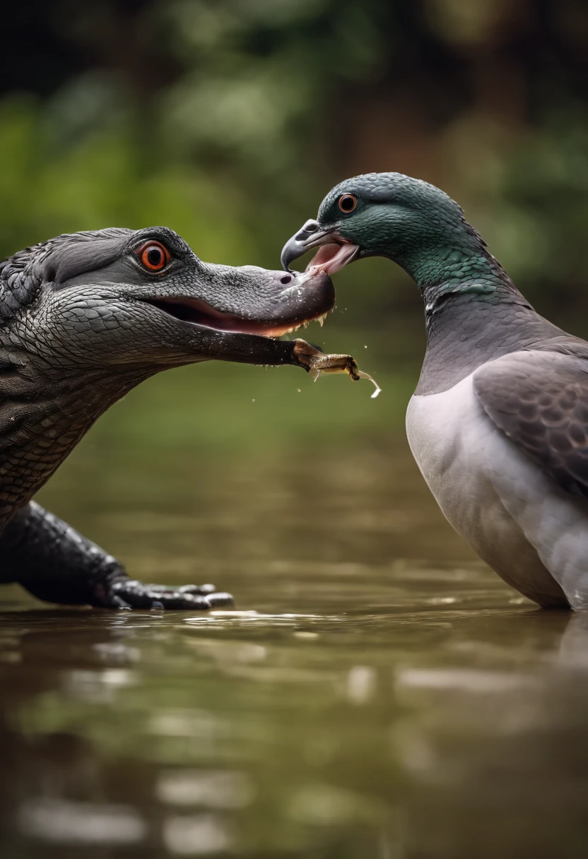 Fat pigeon fighting alligator