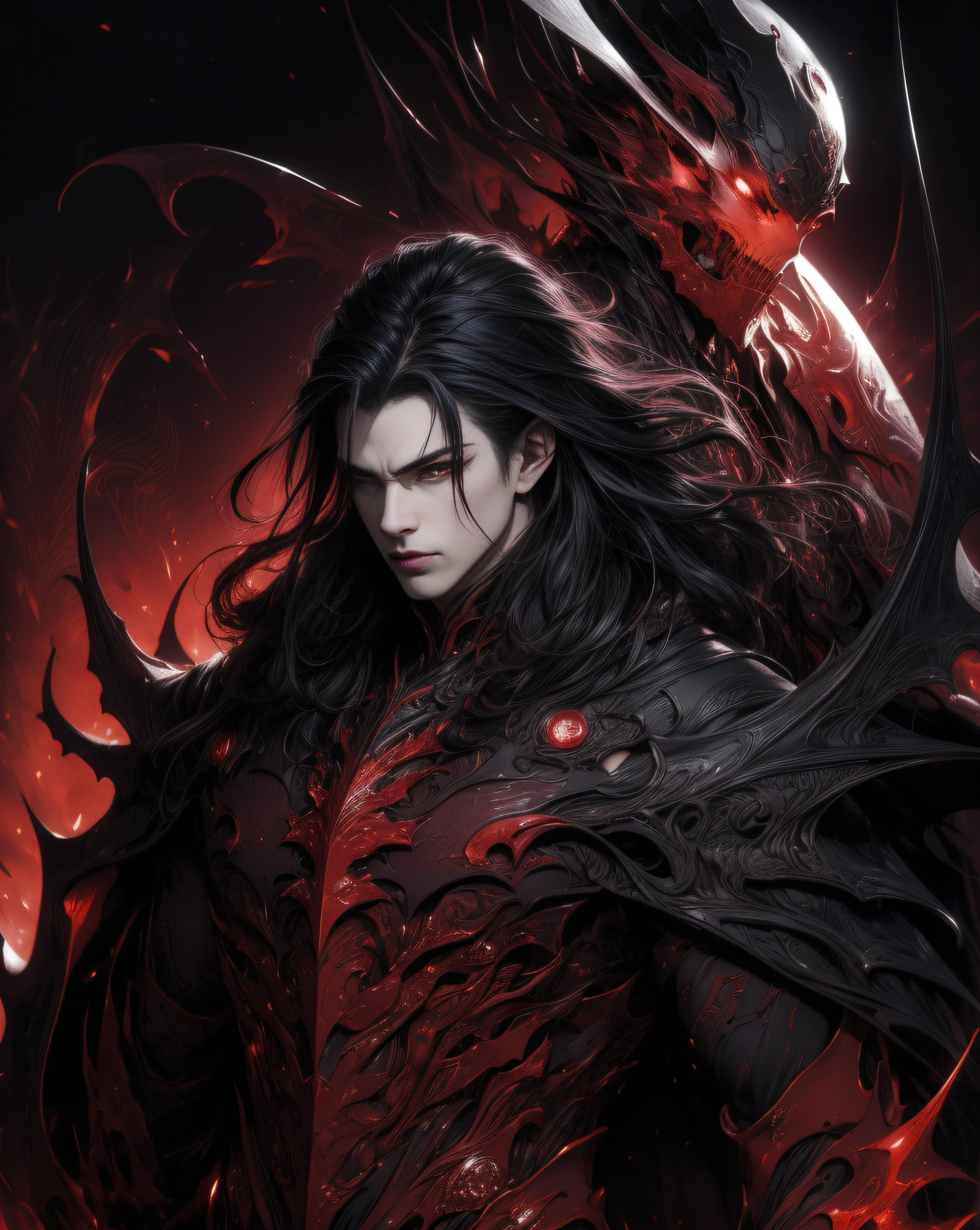 Pale skin handsome man, wearing beautiful elegant black_red suit, dark_fantasy, curly long hair, red moon, pixiv, vampire, elegant spooky, ffxiv, dramatic light, fantasy background, manga style, Tsutomu Nihei style, vibrant colors, Manga nib pen style, dramatic lighting, beautiful_sparkle background, ((shiny )), glistening, highly detailed, light, spooky atmosphere — quality, ((more details:1.5))