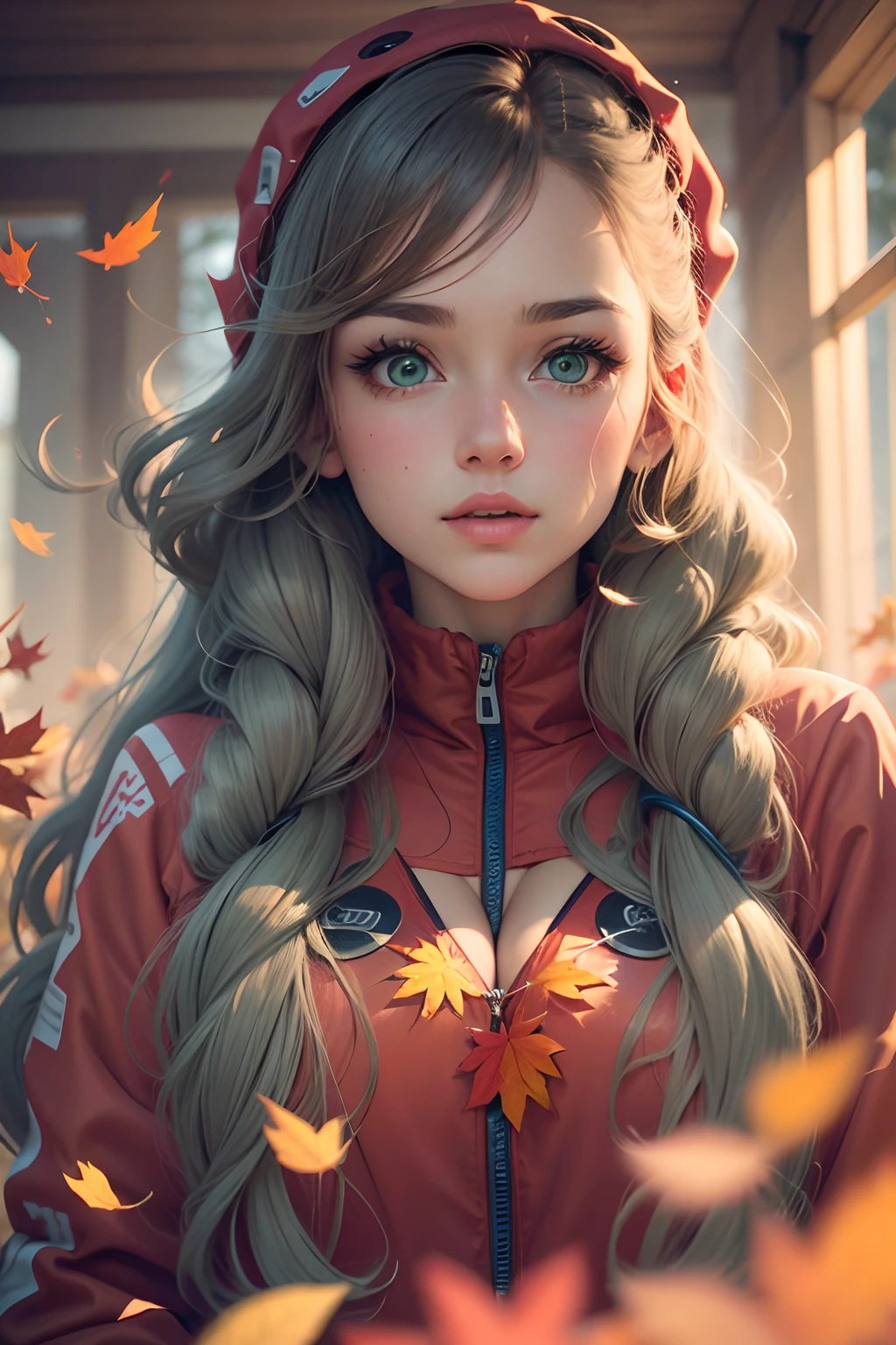 An extremely beautiful girl in red snowsuit: 28 years old, long curly red hair, flouncy hair, whirls, swirl, fluffy, natural light blue round eyes, French braids, green eyes, love, fall colors, leaves, cotton, warm, cozy, dynamic pose, 36k resolution, kodak photography autumn leaves, exterior background.