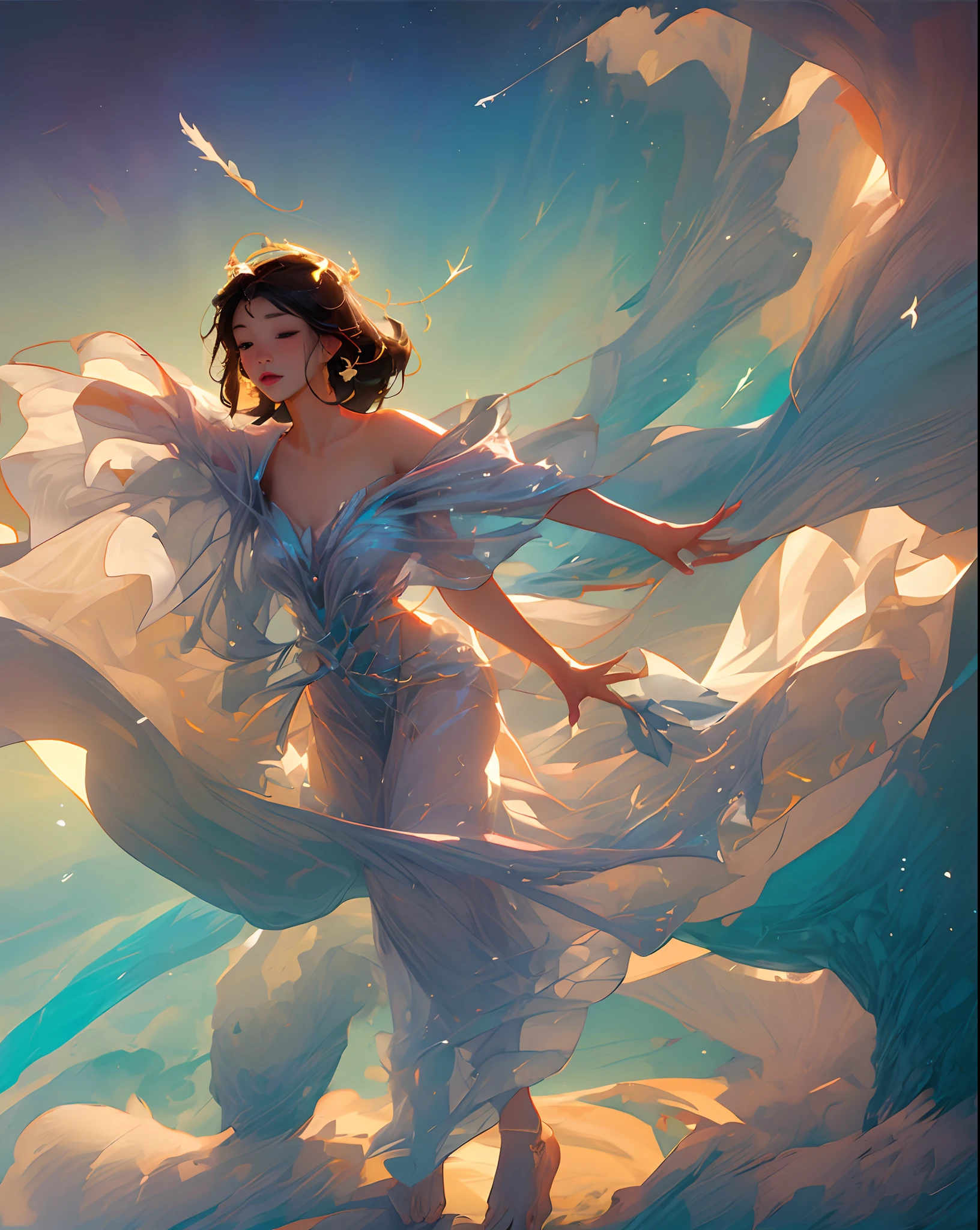 (Best Quality,4k,hight resolution,Ultra-detailed,Masterpiece:1.2),ultra-realistic,A girl, Like a light,flowy dress,dreamy atmosphere,fluttering hair,ethereal glow,Aerodynamic,antenna,Graceful silhouette,Aerial Dance,Sun-drenched background,Dynamic motion,serene expression,weightless,black hair,Eyes closed,airborne,Soft sunlight,antenna,Easy Flight,Suspended in Time,superior,serenity,celestial,Feathers dancing in the wind,Wave-like movements,,Sublime,lightweight, Like a feather,colorful sunset,Anabiosis,Infinite horizon,Harmonious,illuminated,Dancing with the Wind,captivating,Charismatic presence,Soaring Beauty,Elegant Ascension,A Magical Sight,glowing aura,captivating,Impeccable buoyancy,ephemeral,Serene and peaceful,transcendence,Summer Evening Sky,Calm Energy,Seraphic Glow,radiance,Mesmerizing aerial ballet,breeze, Whizzing past,A Sublime Vision,Supernatural grace,Sublime Peace,Serene beauty,Journey to Heaven,angelical,Ethereal elegance.
