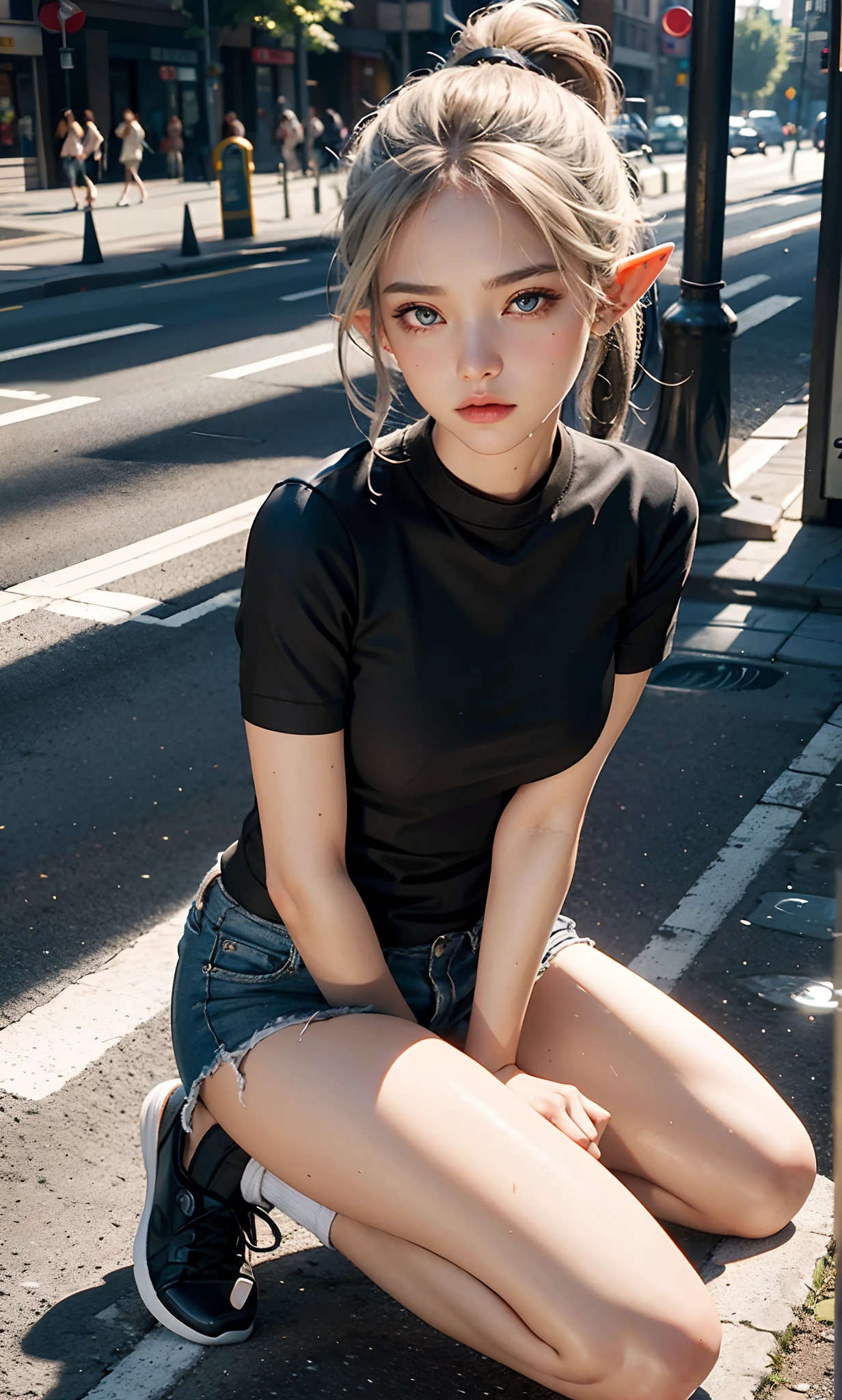 (raining day:1 silver-haired girl, Girl), tmasterpiece, best qualtiy, RAW photogr, realisticlying, the face, Incredibly Ridiculous res, Beautiful elf beauty,(Elf pointed ears),ear studs,Get wet all over, (Champagne-colored ultra-short hair,Half-tied ponytail), Sweatshirt,tiese,Half-leg jeans,Kneeling pose,(Short black socks,Short black socks,Low-top canvas shoes),depth of fields, A high resolution, ultra - detailed, filigree, RAWE is very detailed, very detailed eyes and faces, Sharp pupils, realistic pupil, tack sharp focus, cinmatic lighting,full bodyesbian,Bigboobs,long leges,From the front side,Main street on a rainy day,dynamicposes,(Extremely normal body:2.0)