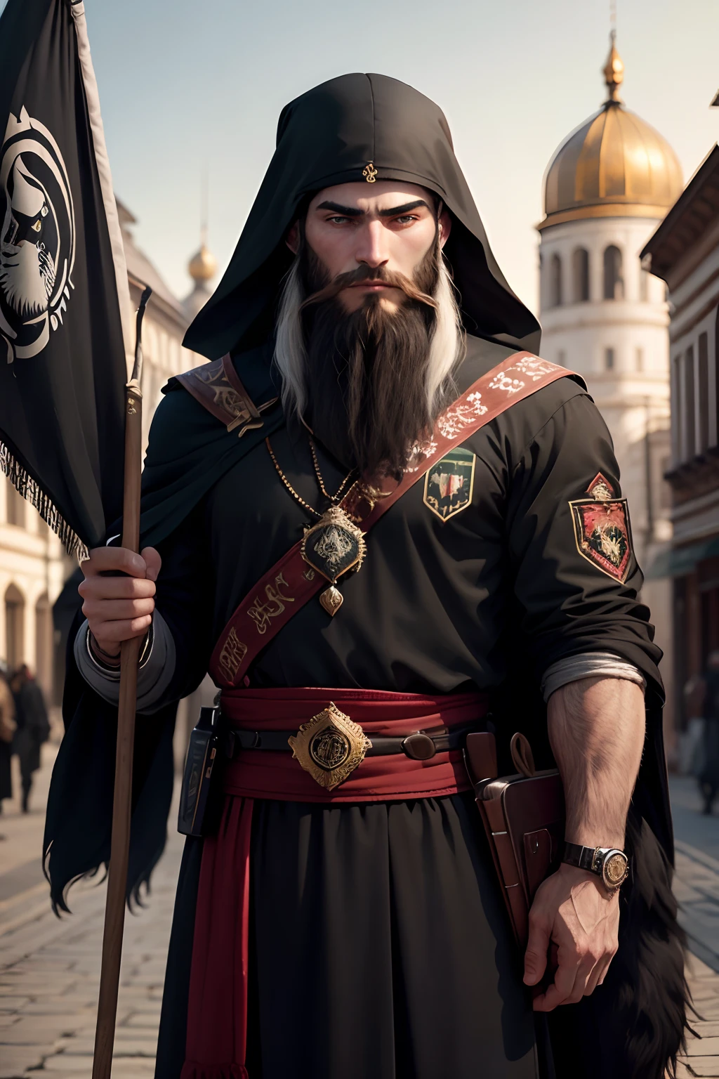 Chechen man with beard hi has in his hands CheChenflag behind him is Black wolf