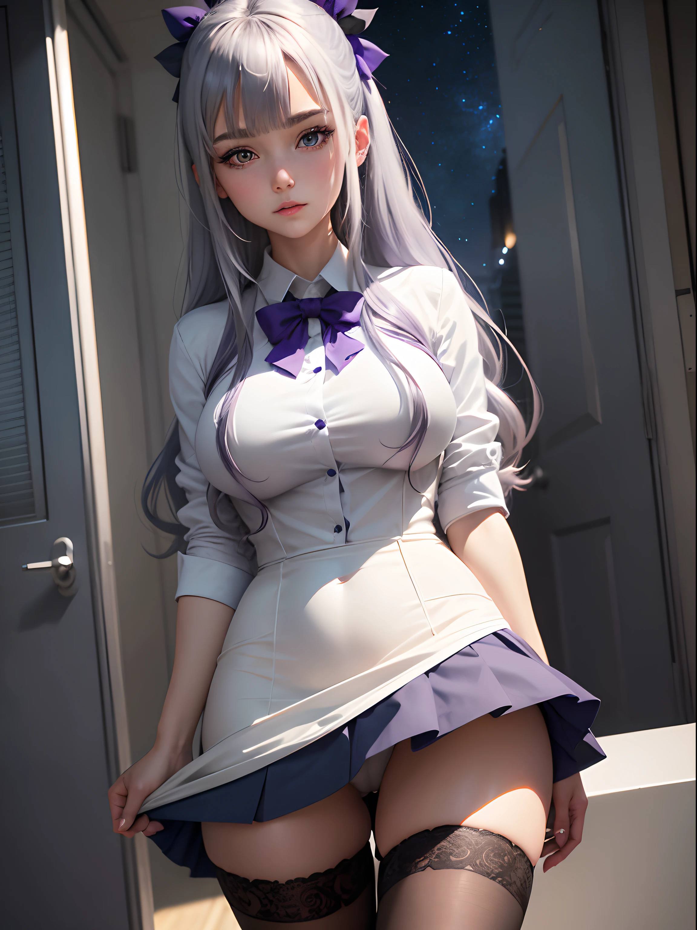 Best Quality, masutepiece,, Illustration, Wallpaper,1girl in, Solo, School uniform, White shirt, Black skirt, Bright purple-silver hair, Semi-long hair, Beautiful detailed girl, extremely detailed eye and face, Beautiful detailed eyes, Shy, natural_Lighting, Glow,NSFW, Clean sky, Looking at Viewer, Outdoors, nigh sky, Star (skyporn), lowfers, Black pantyhose, blue bowtie, Straight hair, Purple petals, Purple and blue flowers, Red pupil, Ponytail, Blue Ribbon,White hair, Thick_thighs thighs thighs thighs, Large breasts,knee sox,Open your crotch,a miniskirt,In her cleanroom