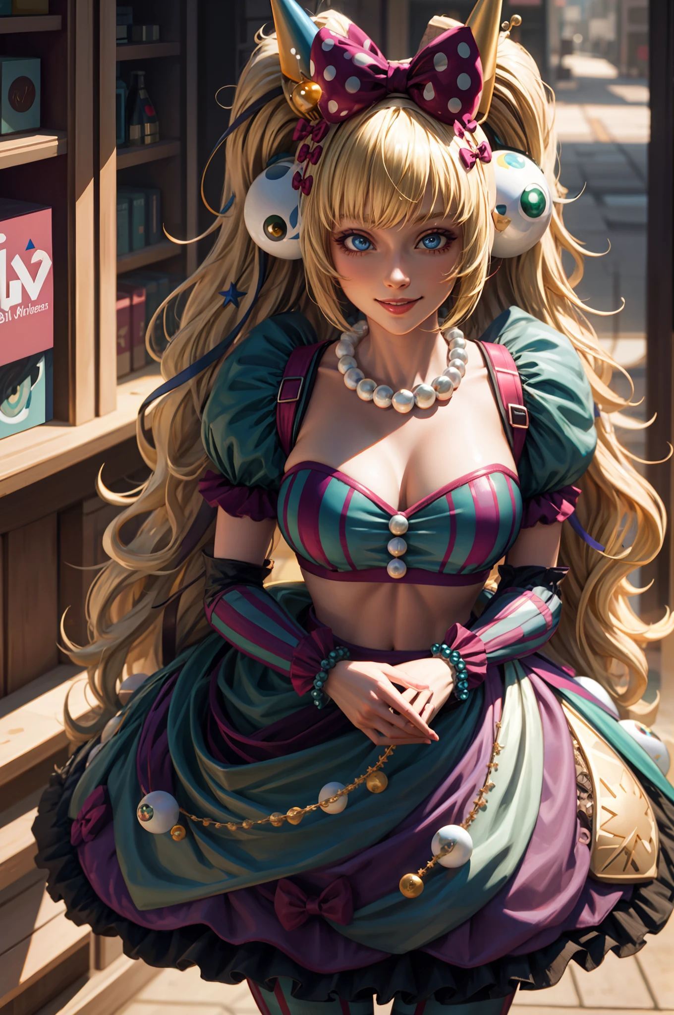 perfect eyes:1.2, detailed eyes:1.4, sylviems, kofxiv, eyeballs, cowboy shot, striped, pantyhose, midriff, bow, striped pantyhose, jewelry, horns, smile, hair bow, breasts, skirt, beads, necklace, cleavage, puffy sleeves, 1girl, solo, (masterpiece:1.6, best quality), 8k, insane details, intricate details, hyperdetailed, hyper quality, high detail, ultra detailed, professional, HDR, ray tracing reflection, cinematic lighting,