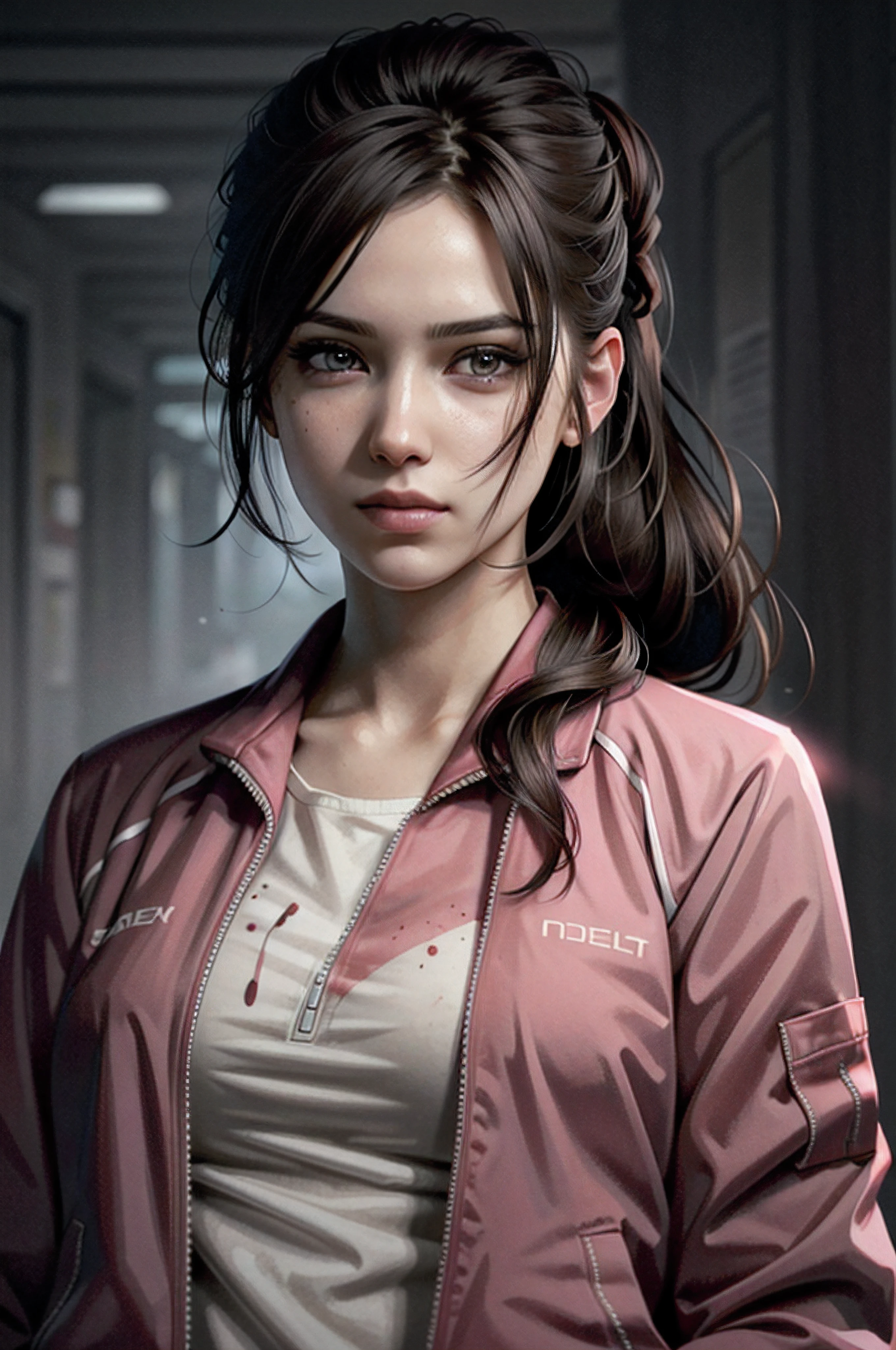 ZoeyLeft, solo, 1girl, realistic, long hair, jacket, upper body, lips, pink jacket, brown hair, ponytail, white shirt
,masterpiece, best quality, cinematic lighting, bloody