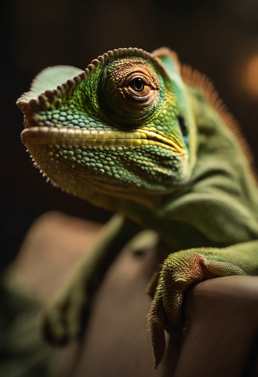 Image of a chameleon com cabelo grande standing, fumando um baseado, vestindo roupas estilo hip-hop, com correntes de hip-hop