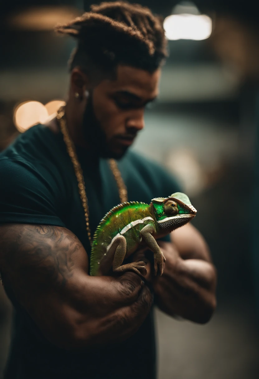 Image of a chameleon com cabelo grande standing, fumando um baseado, vestindo roupas estilo hip-hop, com correntes de hip-hop