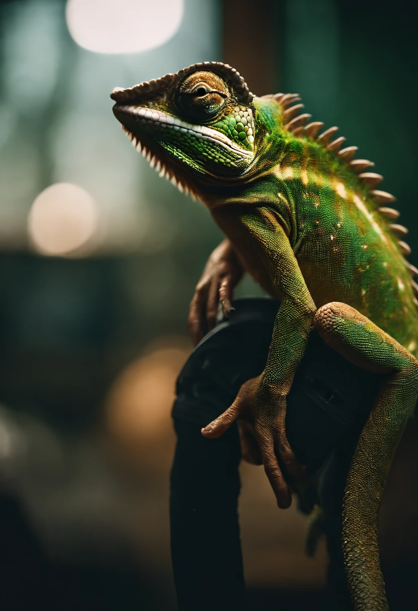 Image of a chameleon com cabelo grande standing, fumando um baseado, vestindo roupas estilo hip-hop, com correntes de hip-hop