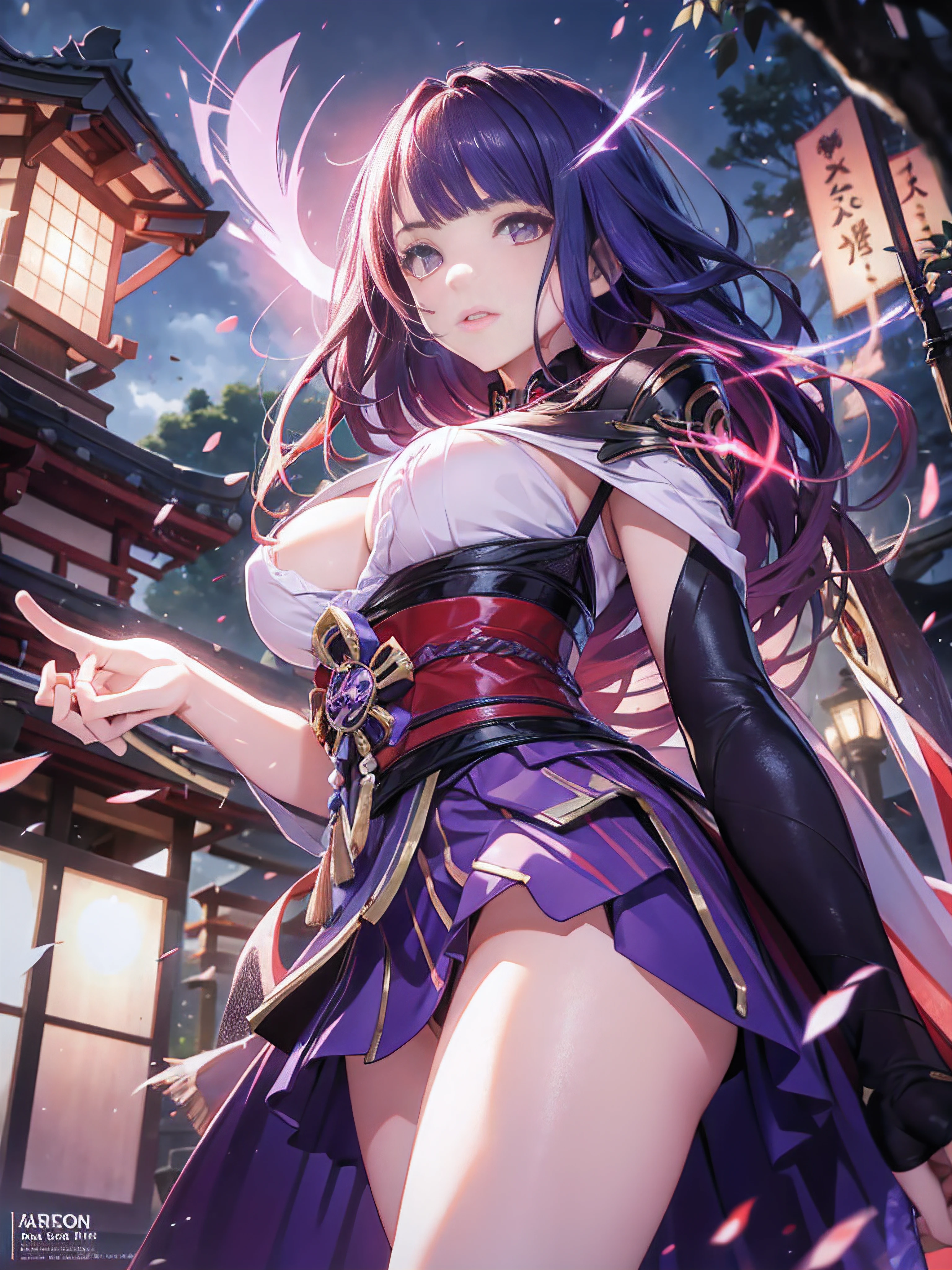realisticlying,1girl,Red-headed hair,Purple eye,glowing light eyes,Cut the top,a skirt,parted lip,Be red in the face,the night,fresh flowers,suns,rays of sunshine,Extra-large big breasts,Japan goddess,