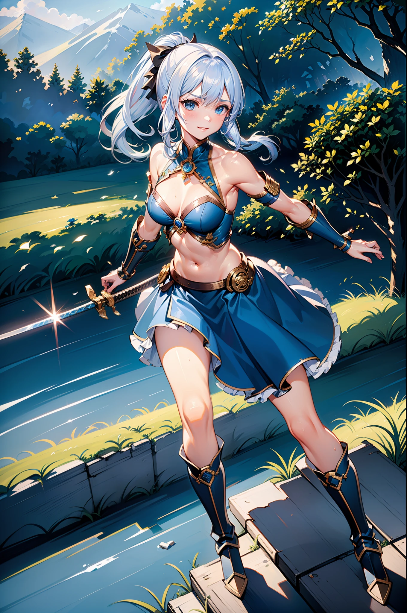 Very delicate and beautiful in 8K, Dynamic Angle, ​masterpiece, top-quality, depth of fields, (femele１a person, Original Characters, Dainty beauty, 22year old, small tits, Slender body, [Dye cheeks], (Beautiful glowing skin, Pretty and beautiful face, detailed facial features, Features of a beautiful body, Feminine body:1.1), Blue eyes, (Detailed beautiful hair, white color hair:1.2), hair between eye, (poneyTail:1.2), Pony Hook Ribbon, Fantasy worldview:1.0), (Bare shoulders, Navel Ejection, Dark blue costume, battle costume, Bust Plate, pleatedskirt, waist side armor, knee boots:1.2), Fantasy worldview:1.0), Combat stance, holding a katana, Hold your sword overhead, Cool pose, Smile with tension, Sweat flows, (Landscape in the ruins, evening, Detailed background, Powerful backgrounds:1.1),