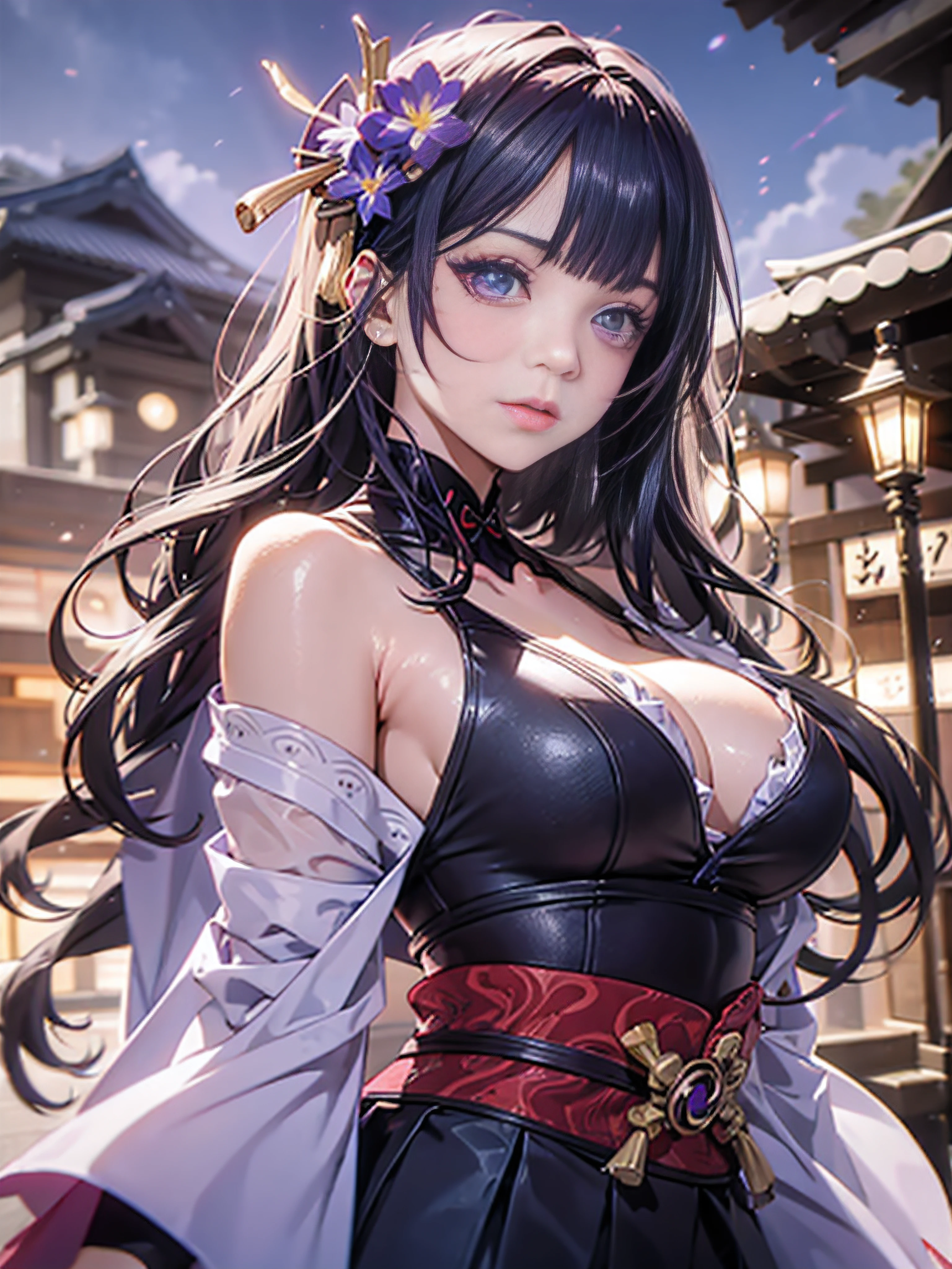 realisticlying,1girl,Red-headed hair,Purple eye,glowing light eyes,Cut the top,a skirt,parted lip,Be red in the face,the night,fresh flowers,suns,rays of sunshine,Extra-large big breasts,Japan goddess,