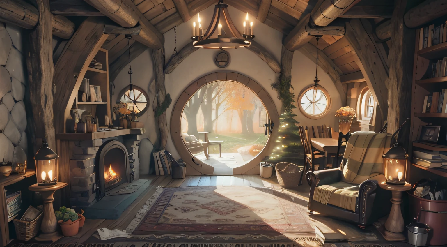 a cozy hobbit room in autumn, cozy autumn cloudy, interior with fireplace, there's a cozy bookshelf full of books, a cozy coffee can and a coffee cup, a pile of firewood