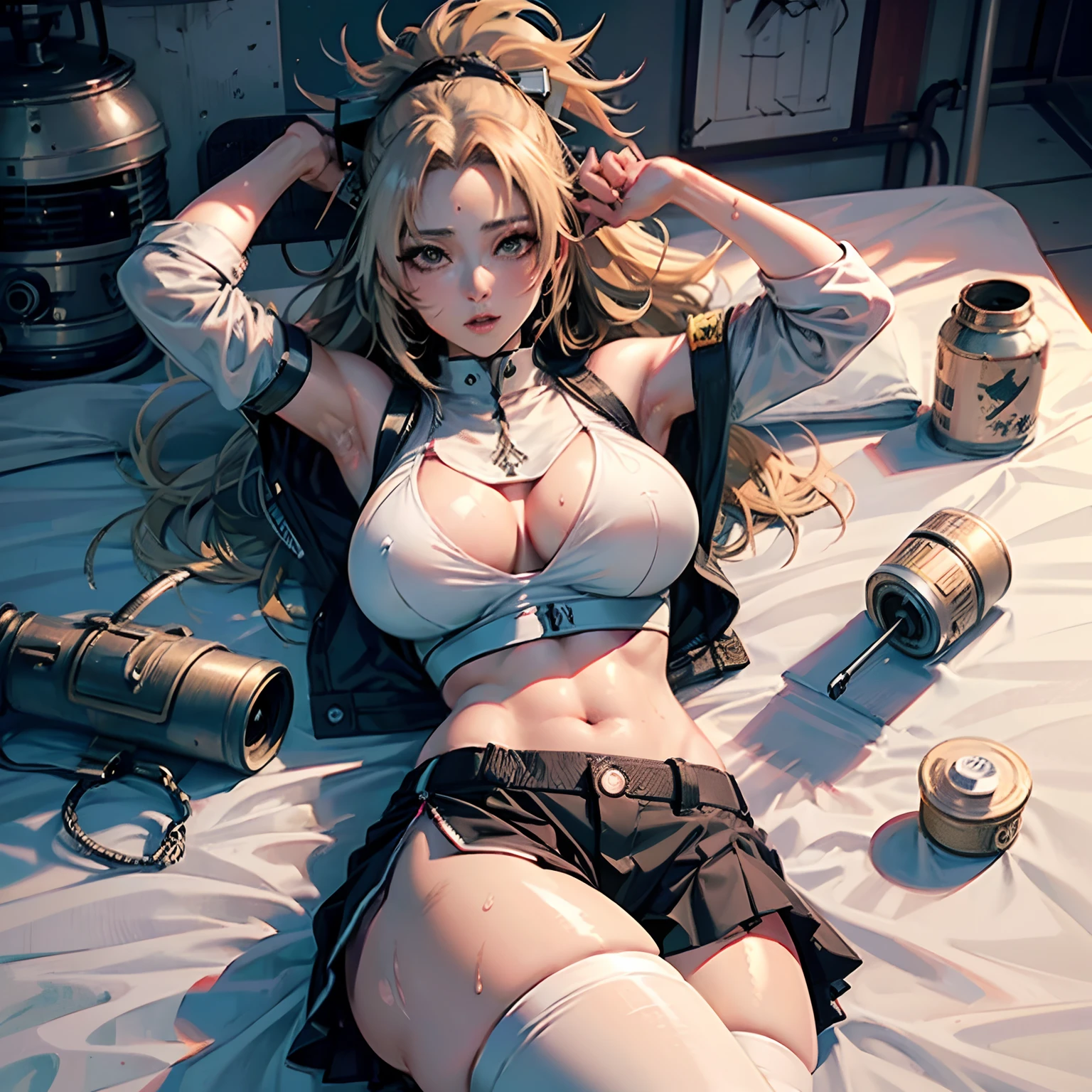 Tsunade Senju, (olied oily sweaty shiny wet skin), Ultra Huge Breast, only wearing white sports bra, only wearing sexy white Long Stockings, ll body shot, laying on bed, shot from above