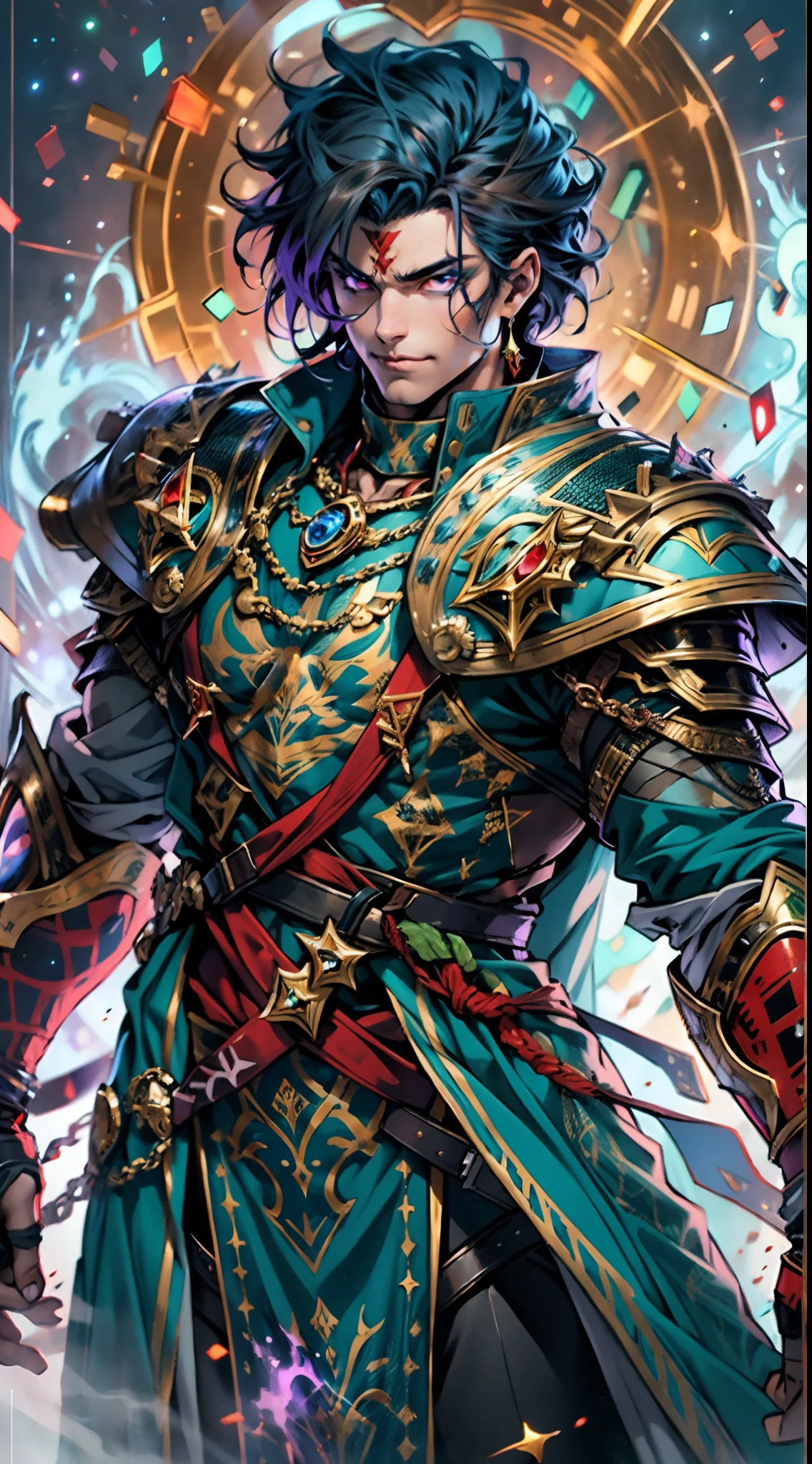 A man with long reddish-brown hair, wearing a red headband, an Eastern European face, deep and confident eyes, a confident smile, a red elongated totem mark on his face, a tall and strong physique, he wears a fantasy-style overlord attire, a blue-gold thick breastplate, a black tight-fitting undershirt, a massive cloak with heavy metal decorations, that cloak covers most of his body, thick red and blue heavy gauntlets, a metal belt with a thick long skirt-like hem, black pants, metal leg guards that match the gauntlets, he steps on the space with an awe-inspiring presence, red and blue and green energy surrounds him, red and blue and green Power surrounds him, white frost swirls around him, blue ice around him, red fire around him, purple Lightning around him, this character embodies a finely crafted fantasy-style overlord in anime style, characterized by an exquisite and mature manga illustration art style, high definition, best quality, highres, ultra-detailed, ultra-fine painting, extremely delicate, professional, anatomically correct, symmetrical face, extremely detailed eyes and face, high quality eyes, creativity, RAW photo, UHD, 8k, Natural light, cinematic lighting, masterpiece:1.5