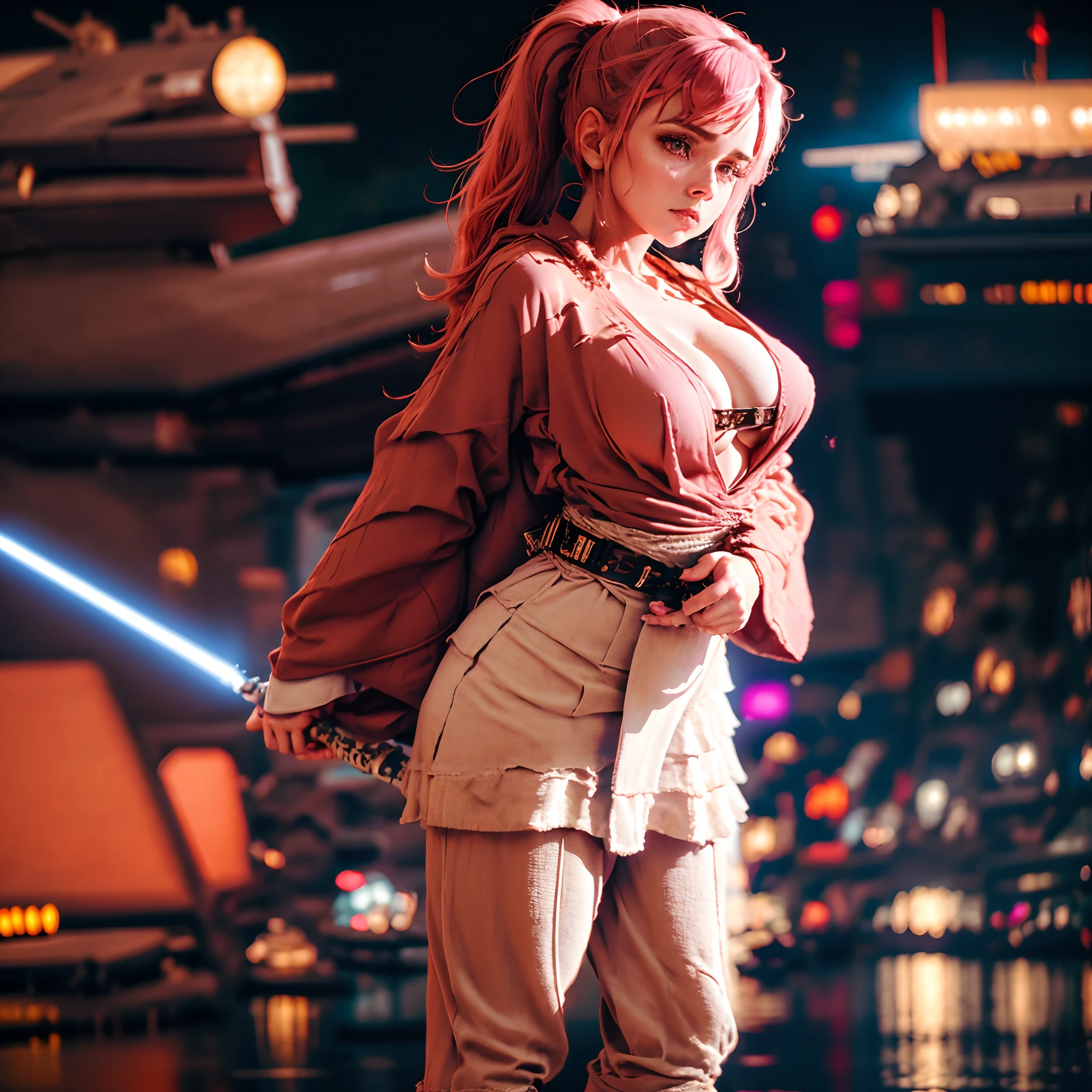 1 girl, sexy costume, dress in bikini outfit like a jedi master coatune, huge breast, pink light saber, (background is volcanic), standing on a destroyed battleships.