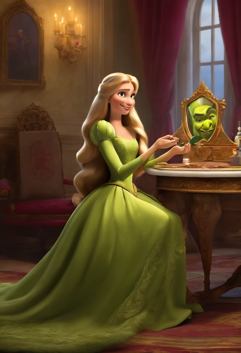 princess rapunzel giving shrek a manicure inside the white house