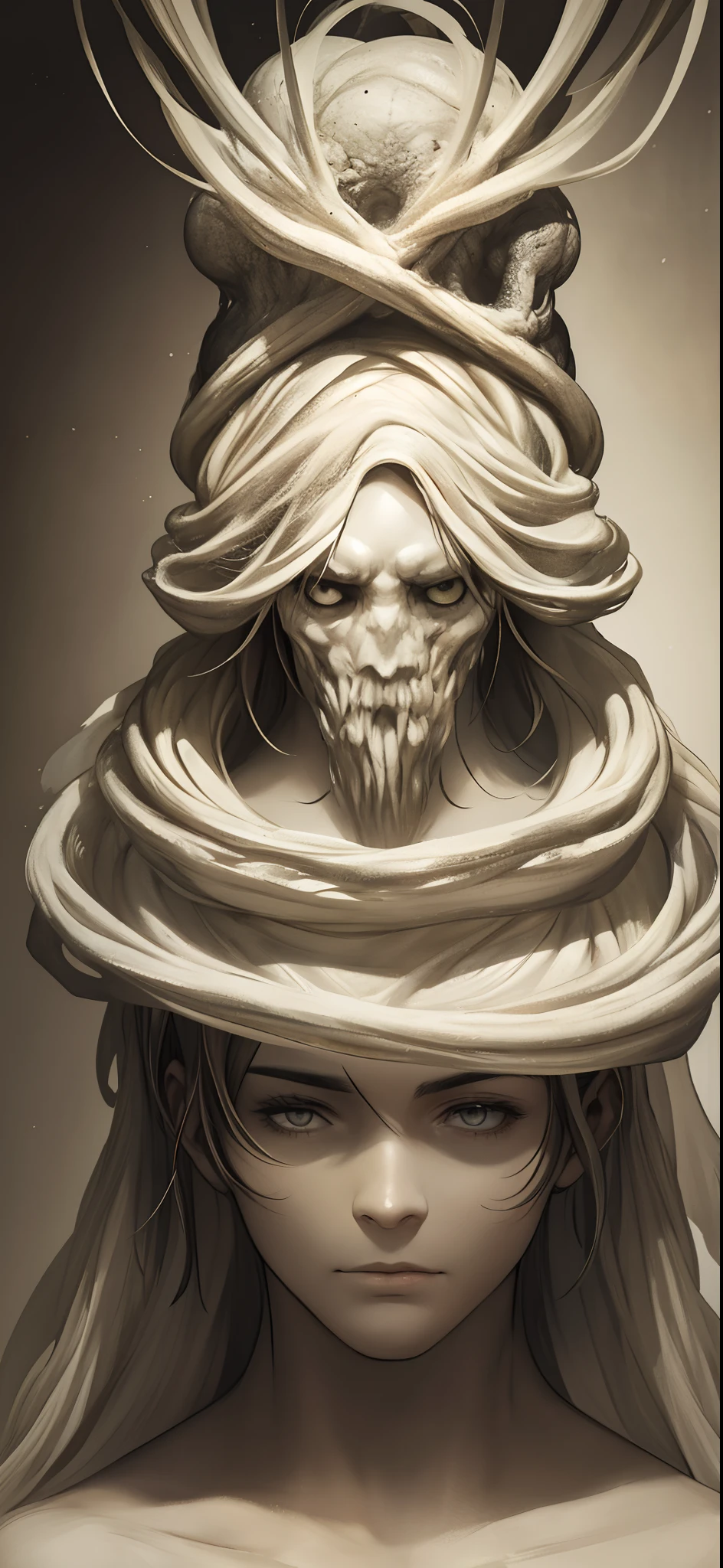 The creature is described as having the appearance of a risotto, But shrouded in a black mist.
The creature's head is composed of this mist and has two distinct eyes, de cor branca e vazios, flutuando dentro dela.
The creature's body resembles a bridal veil, suggesting an ethereal and frightening appearance.
There are chains around the creature's body, Also floating in the air, adicionando um toque sombrio