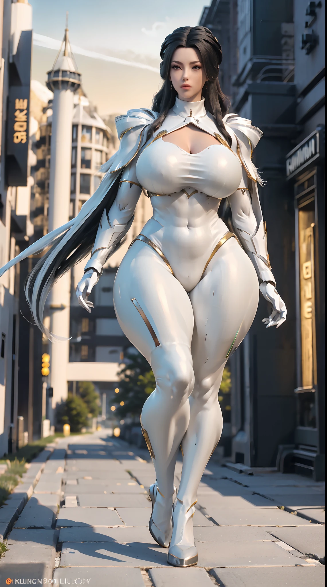 1GIRL, SOLO, BLACK PONYTAIL HAIR, (HUGE FAKE BOOBS:1.3), (WHITE, GOLD, LIGHT GREEN), (SKINTIGHT FUTURISTIC MECHA BODYSUIT, ROYAL FEATHERS CLOAK, CLEAVAGE:1.2), (SKINTIGHT YOGA PANTS, HIGH HEELS:1.2), (PERFECT CURVY BODY, MUSCLE ABS, LONG LEGS, FULL BODY VIEW:1.5), (LOOKING AT VIEWER), (WALKING DOWN STREET CYBER NIGHT CITY:1.2), ULTRA HIGHT DEFINITION, 8K, 1080P.