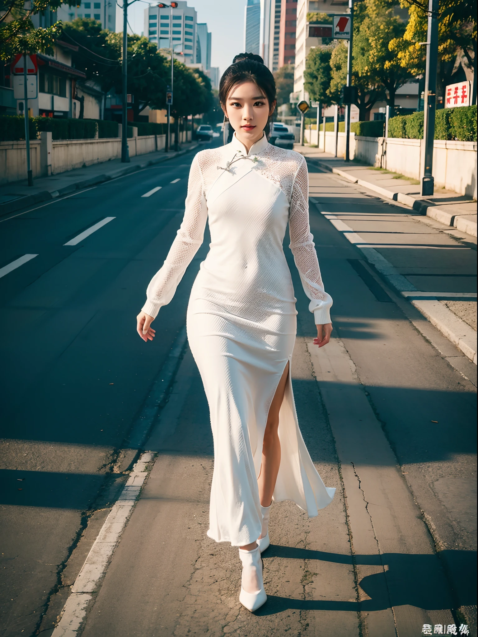 woman,Ball head,walking down a road,White knitted cheongsam,big assa,Nice face,white Heels
