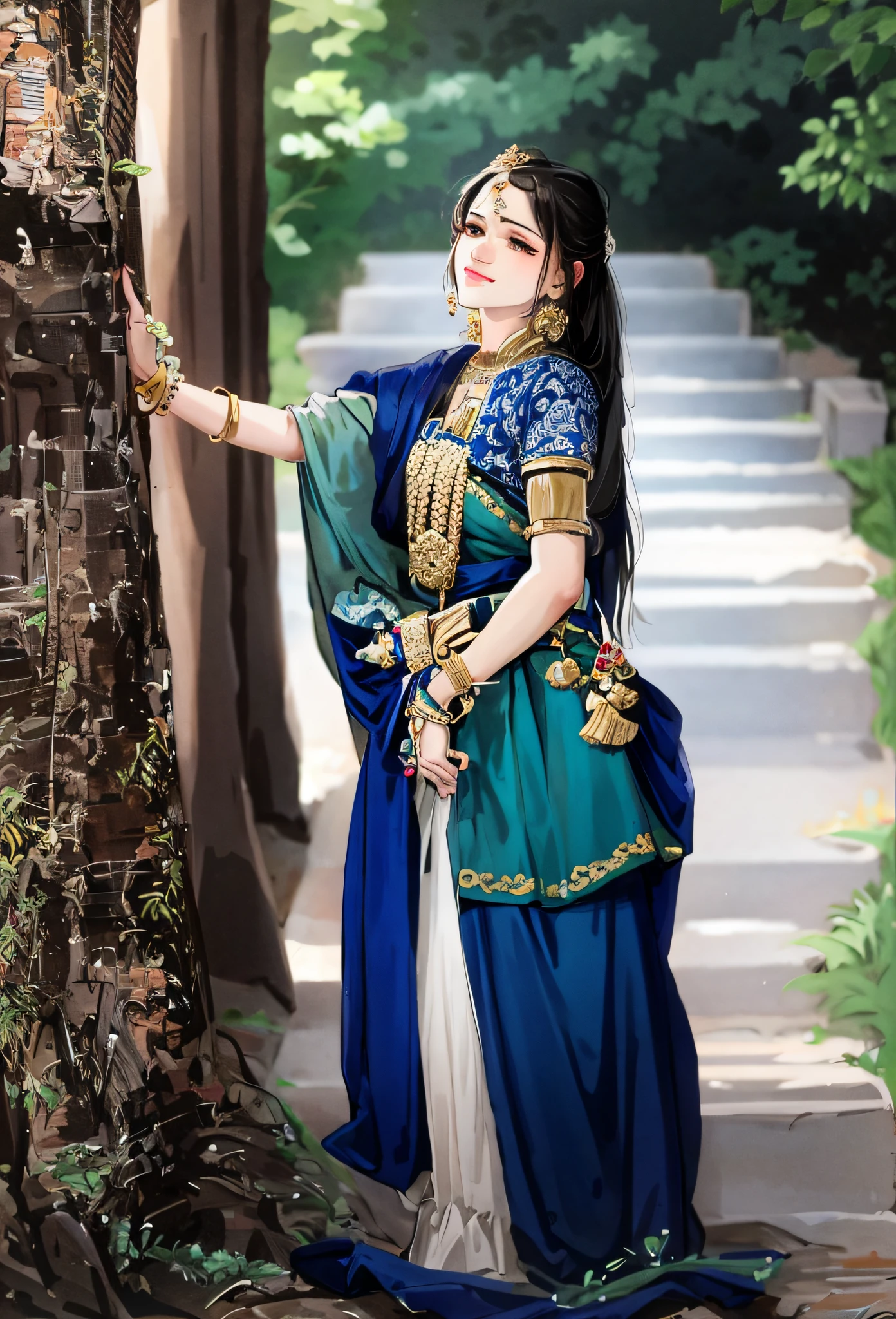 arafed woman in a blue and green sari leaning against a tree, wearing an elegant tribal outfit, blue colored traditional wear, traditional beauty, traditional dress, traditional clothes, traditional clothing, traditional costume, indian style, wearing bihu dress mekhela sador, wearing traditional garb, traditional photography, idian dress, assamese aesthetic, traditional makeup, traditional 8k ultra