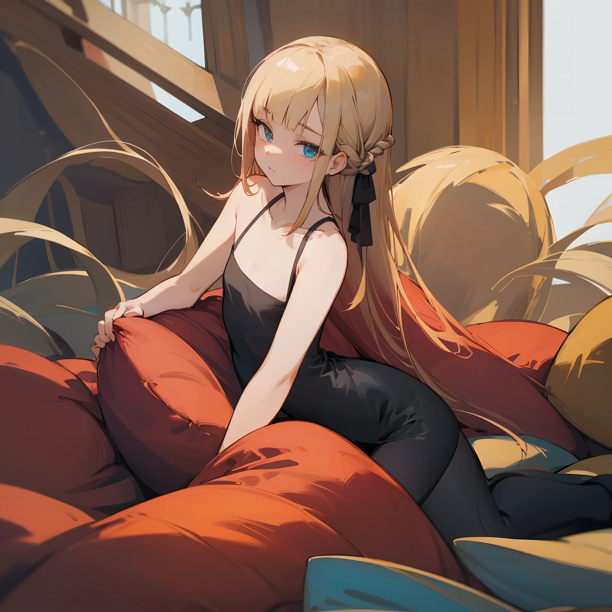 Reines, 1girl, high quality, best quality, illustration, flat chest, bare shoulders, young girl, boa fleece loungewear, braid, petite, curvy , in a house