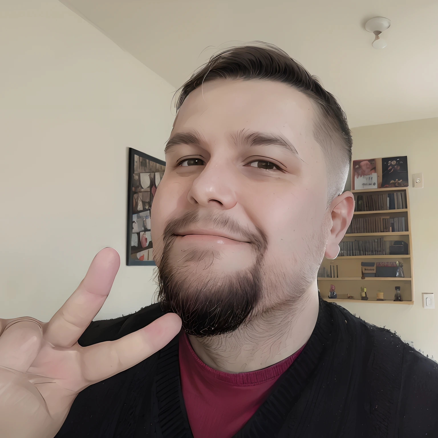there is a man with a beard making a peace sign, Streamer do Twitch / Jogador Ludwig, Fotografia selfie 8k, com uma barba pequena, sem barba, imagem de qualidade muito baixa, foto muito precisa, selfie shot straight on angle, neckbeard, barba pequena, foto de perfil 1024px, sem barba, selfie de um homem, very high quality face