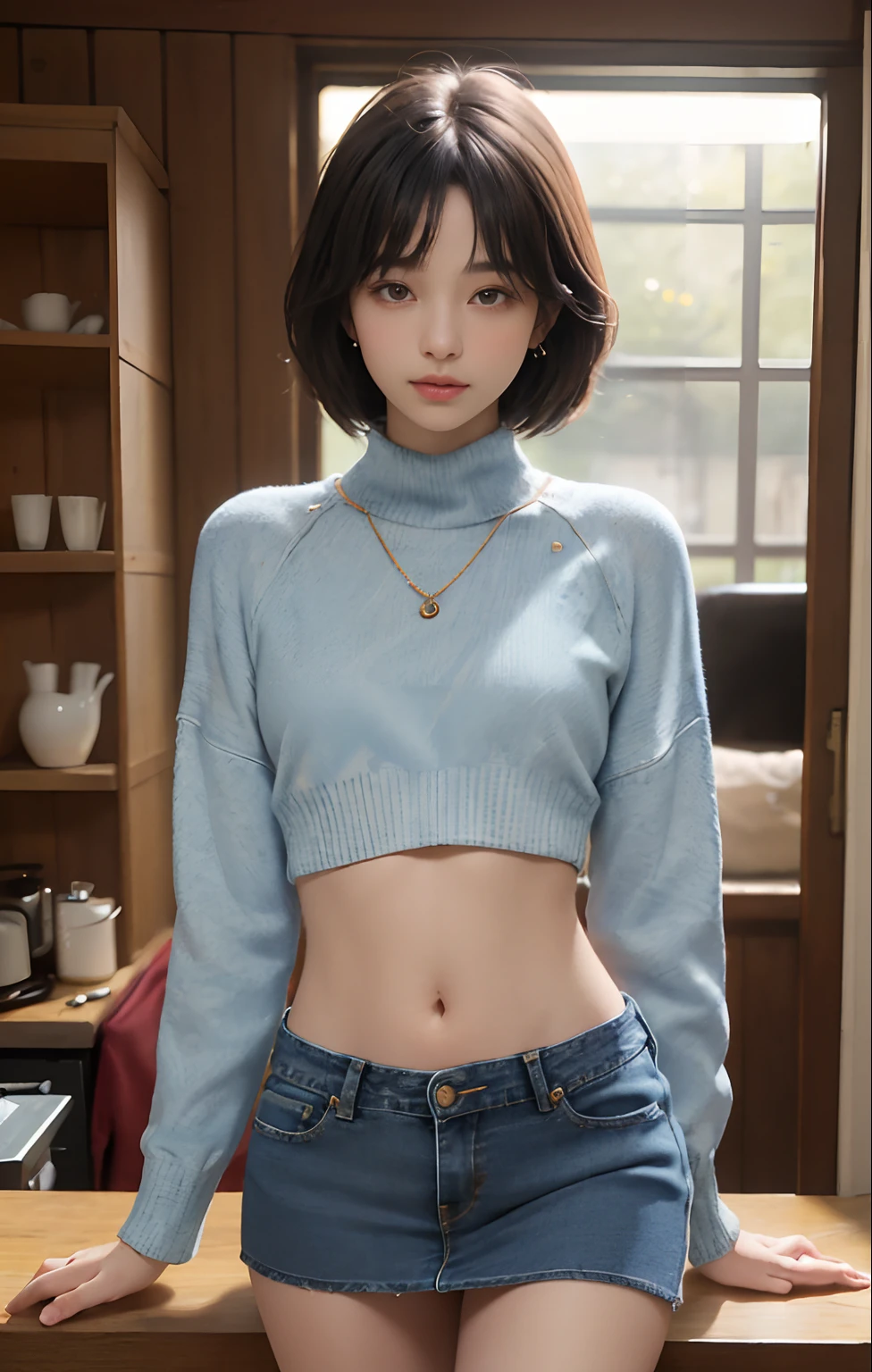 (masuter piece:1.3)、(8K、Photorealsitic、Raw photography、top-quality: 1.4)、(1girl in)、beautiful countenance、(Lifelike face)、(A dark-haired、Long)、
Beautiful hairstyle、realisticeyes、Beautiful details、(real looking skin)、Beautiful skins、absurderes、enticing、超A high resolution、A hyper-realistic、high-detail、the golden ratio、((wide open abdomen))、((open abdomen))、((wide open navel))、((open navel))、((Bare belly))、((Mid-Riff Sweater))、((Ultra-low rise、Denim Mini Skirt))、((Navel Ejection))、((small hips))、((Full body depiction))、((small hip))、(boots)、((Ultra-low rise))、((Denim Mini Skirt))、((is standing))、