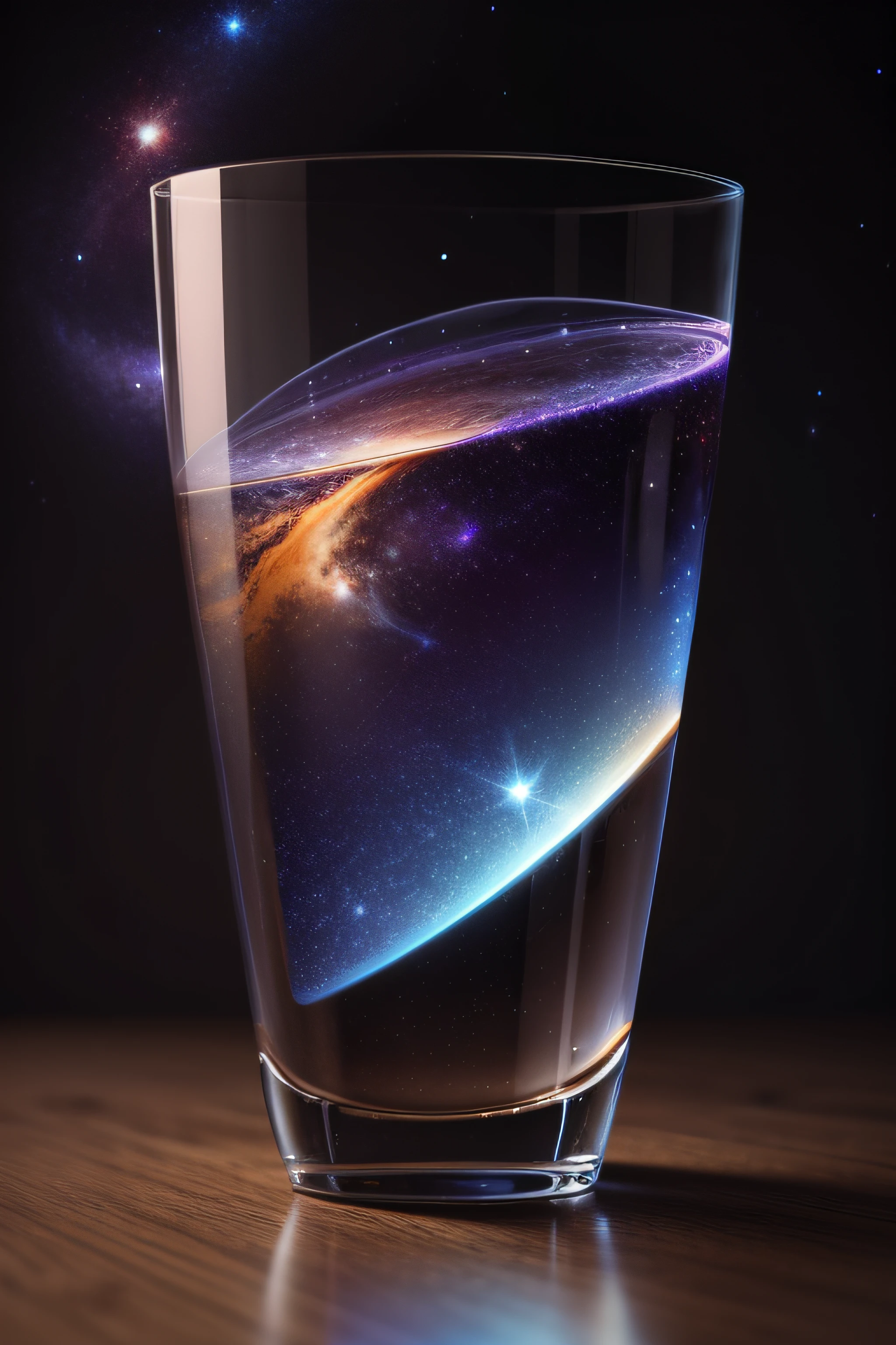 A Empty glass on the table. Beautiful background like galaxy themes. Realistic