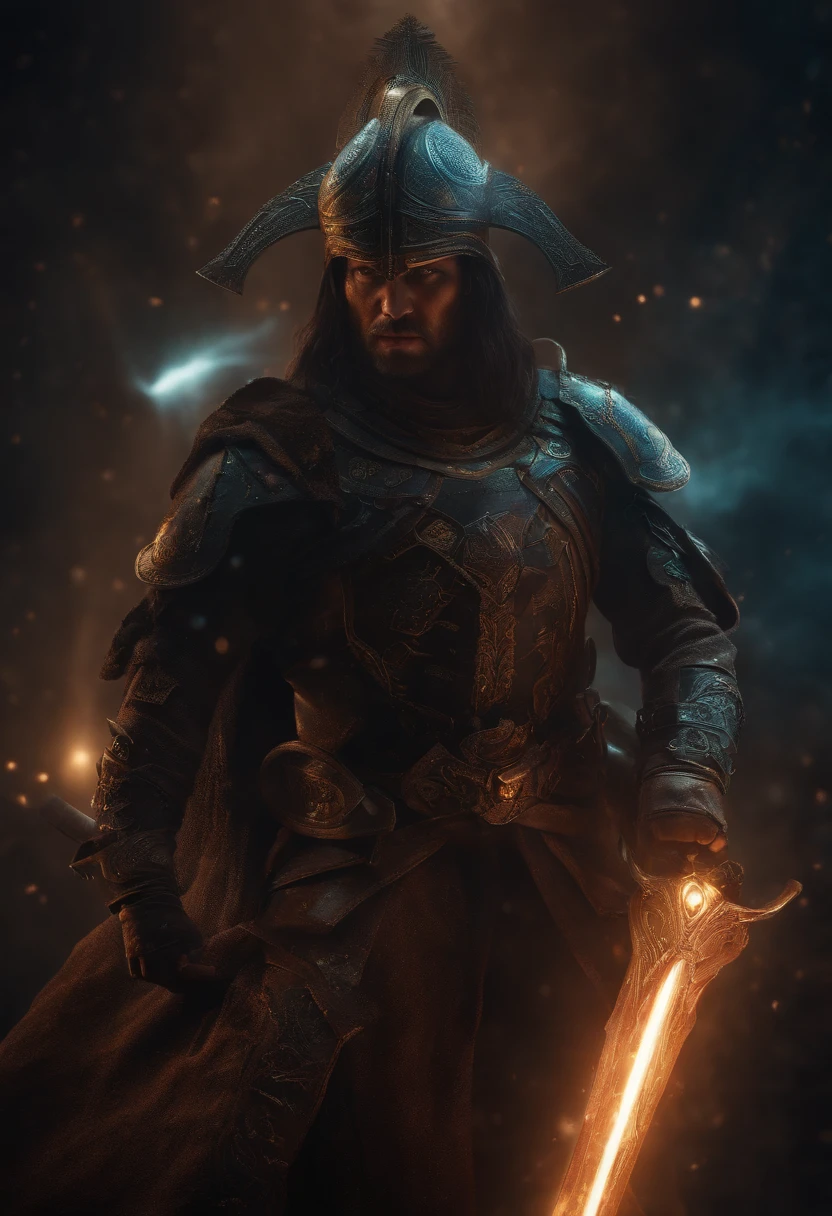 Caucasus warrior , glowing light eyes, Biomechanical, eerie, Creepy, nightmarish, Very bright colors, Light particles, with light glowing, Mshiff, wallpaper art, UHD wallpaper