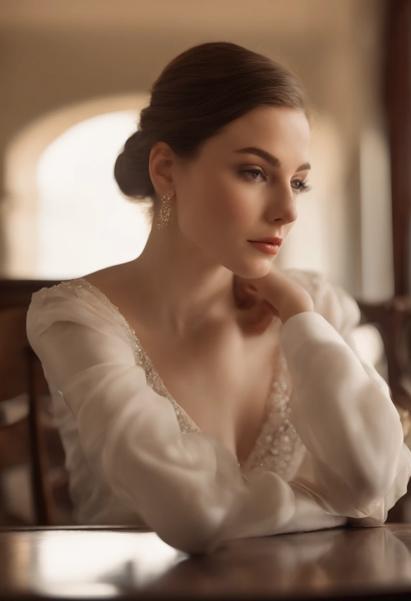 A girl in a short ponytail is lying on a dining table in a suit, yeux clairs, freckled perfect body, (Regardez le spectateur:0.8), (pureerosface_v1:0.2), detached sleeves, ouvrir bouche, Bangss, 1fille, Sparkly Skin, (Masterpiece;1.0), (photoreallistic:1.4), (mise au point nette:1.2),