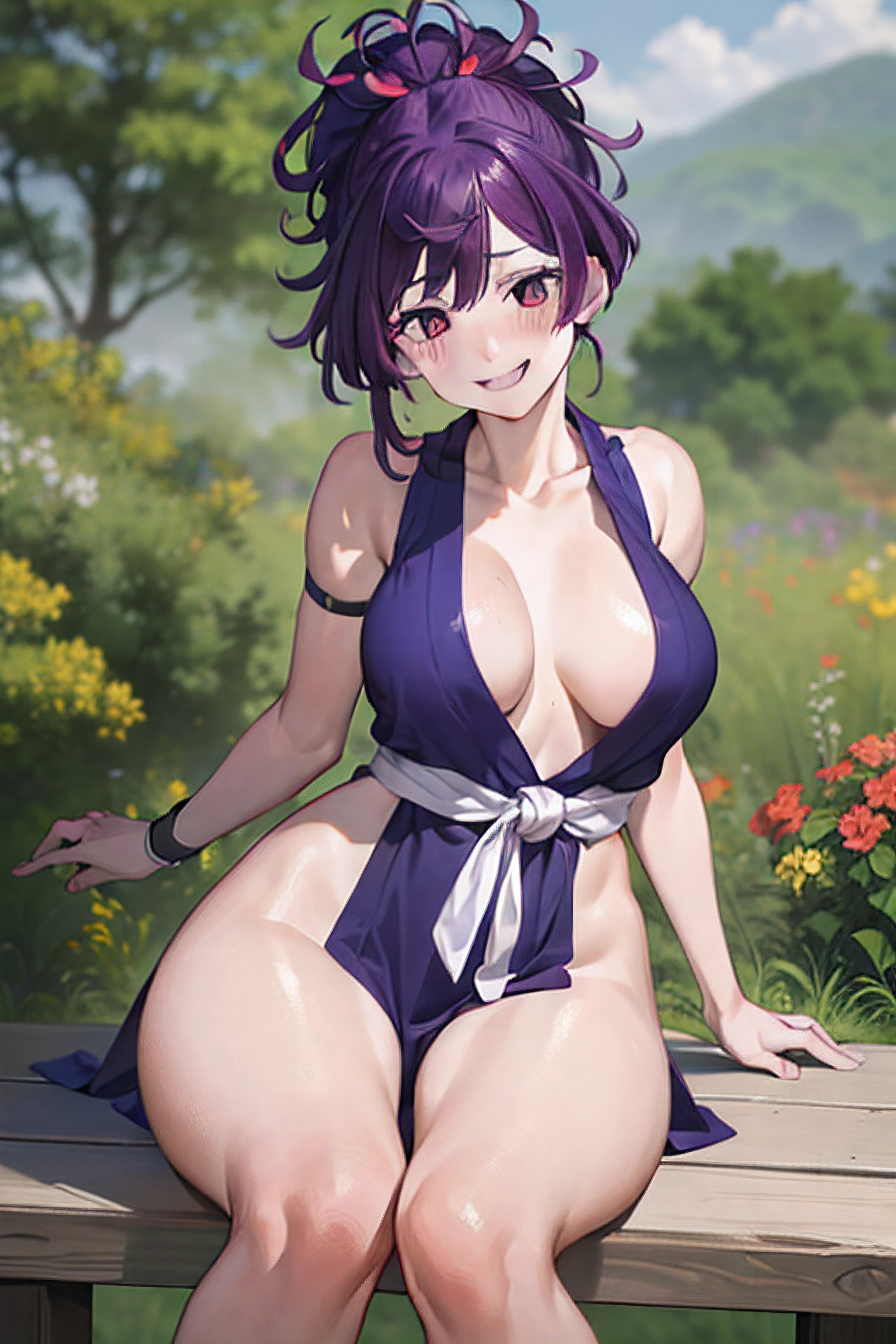 best quality, masterpiece, (leaning over:1.2), 1girl, yuzuriha_(jigokuraku), purple hair, brown eyes, ninja, open clothes, cleavage, small breasts, topknot, medium hair, breasts apart, seductive smile, (blush:1.1), japanese exterior, temple, sengoku period town, town (NSFW)