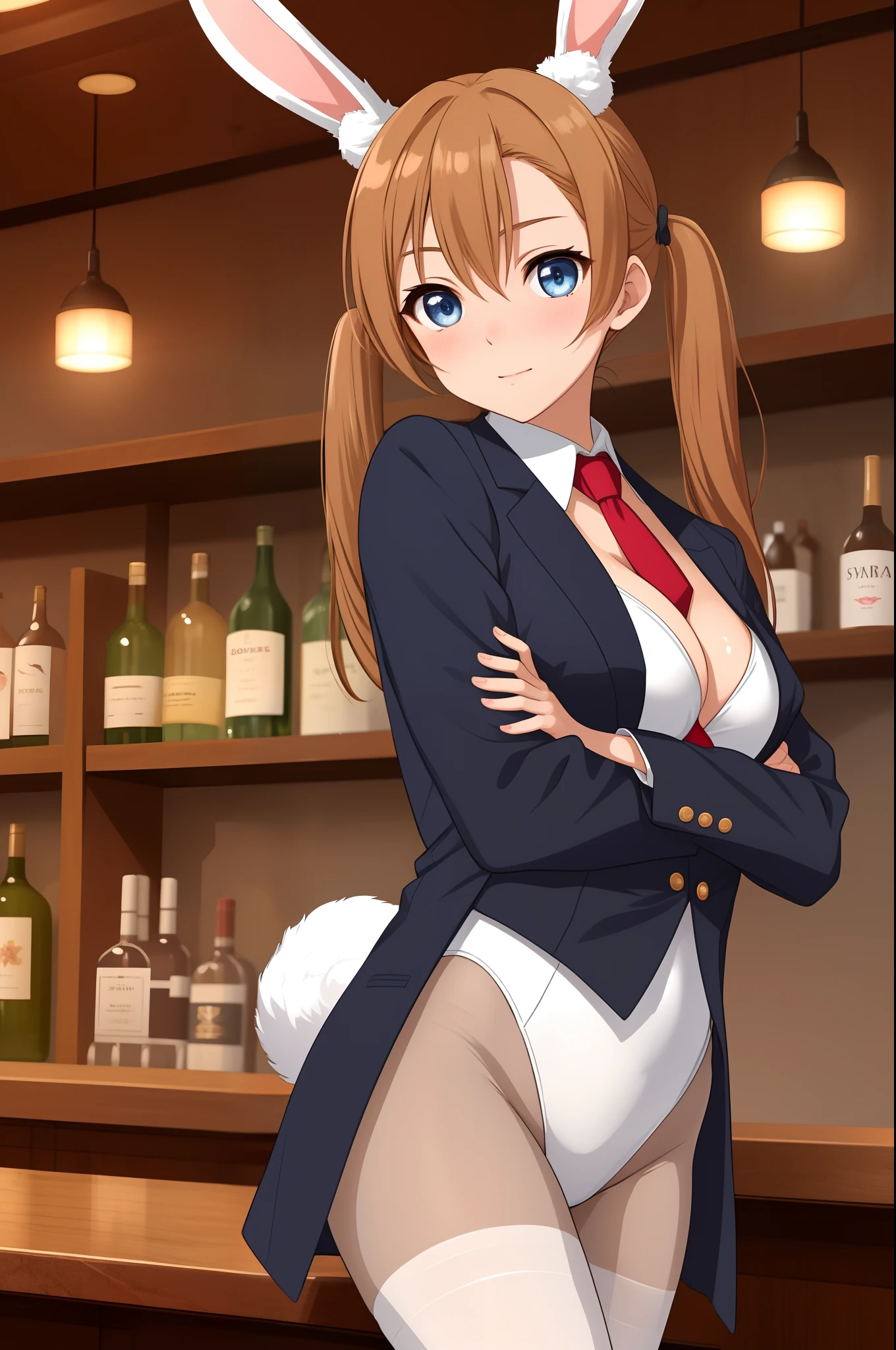 Masterpiece,best quality,Kousaka honoka, blue eyes, white shirt, leotard, pantyhose,red necktie, black jacket , breasts,long hair , twintails , rabbit ears,in bar, crossed arms, cleavage open