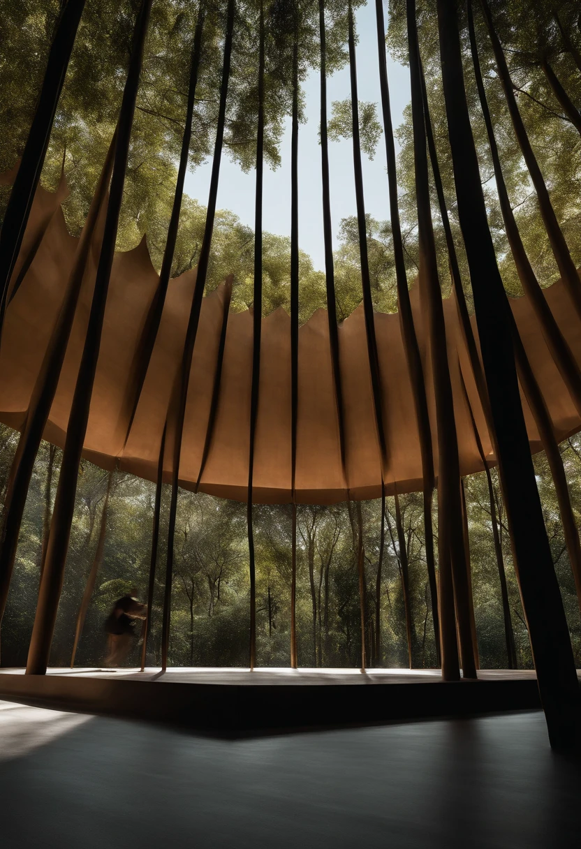 Color de fondo: Una paleta de colores oscuros, predominando tonos grises y negros, with bluish undertones to accentuate the mysterious atmosphere.
Imagen central: An illustration or photograph of the Forest Pavilion, The Forestias in Thailand by Foster + Partners studio. Debe ser una vista angular desde abajo hacia arriba, capturing its majesty and antiquity. Las ventanas del edificio tienen luces tenues, and one or two windows are fully lit, sugiriendo actividad o presencia dentro.
sombras: Siluetas de tres personajes (Carlos, Elisa y Gerardo) parados en un pasillo oscuro, with an antique lamp hanging above, arrojando luz sobre ellos. En la mano de Elisa, The silhouette of a revolver is barely visible.