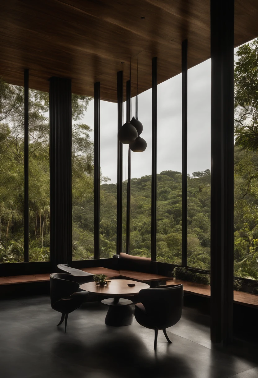 Color de fondo: Una paleta de colores oscuros, predominando tonos grises y negros, with bluish undertones to accentuate the mysterious atmosphere.

Imagen central: An illustration or photograph of the Forest Pavilion, The Forestias in Thailand by Foster + Partners studio. Debe ser una vista angular desde abajo hacia arriba, capturing its majesty and antiquity. Las ventanas del edificio tienen luces tenues, and one or two windows are fully lit, sugiriendo actividad o presencia dentro.

sombras: Siluetas de tres personajes (Carlos, Elisa y Gerardo) parados en un pasillo oscuro, with an antique lamp hanging above, arrojando luz sobre ellos. En la mano de Elisa, The silhouette of a revolver is barely visible.
