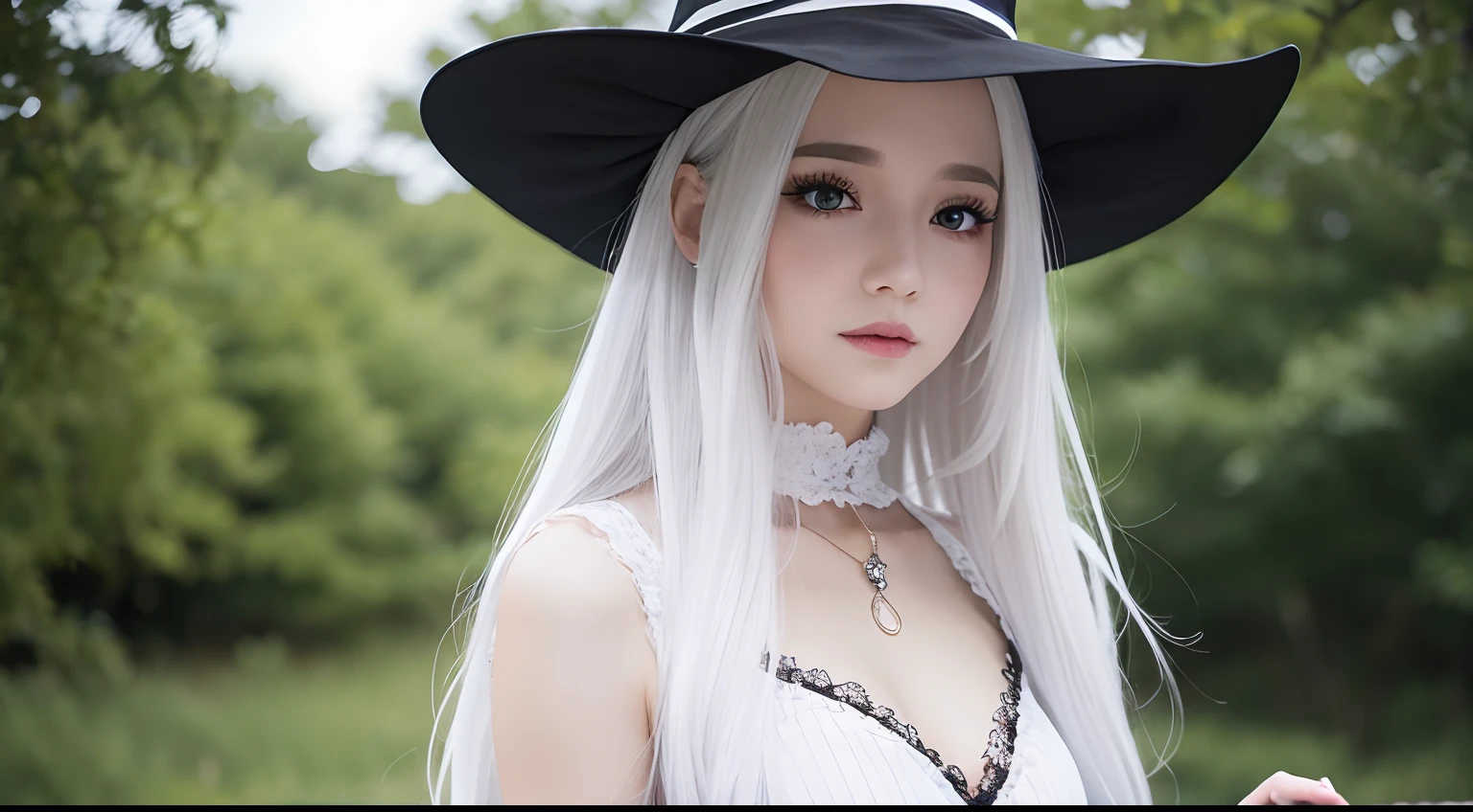 girl, witch, beautiful, witch outfit, white, detailed, white hair,