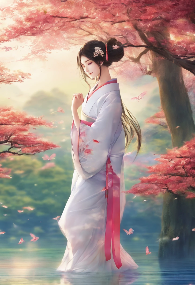 (best quality,photorealistic,ultra high resolution),beautiful young Asian woman, suspend above water level ,ideal body shape,water reflecting sunlight,vivid colors,soft sunlight,peaceful atmosphere,detailed face expression,gentle smile,long flowing hair,graceful body posture,serene background,harmony in colors,smooth skin texture,ethereal feel,subtle light and shadow,sublime beauty,innocence and elegance.