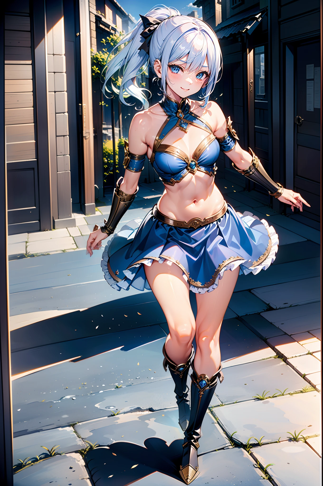 Very delicate and beautiful in 8K, Dynamic Angle, ​masterpiece, top-quality, depth of fields, (femele１a person, Original Characters, Dainty beauty, 22year old, small tits, Slender body, [Dye cheeks], (Beautiful glowing skin, Pretty and beautiful face, detailed facial features, Features of a beautiful body, Feminine body:1.1), Blue eyes, (Detailed beautiful hair, white color hair:1.2), hair between eye, (poneyTail:1.2), Pony Hook Ribbon, Fantasy worldview:1.0), (Bare shoulders, Navel Ejection, Dark blue costume, battle costume, Bust Plate, pleatedskirt, waist side armor, knee boots:1.2), Fantasy worldview:1.0), (delighted expression, Happy face, Cute gesture, kawaii pose, Close one eye, Wink, ✌, Hand next to face:1.2), (Detailed background, Powerful backgrounds, A bustling shopping street, Commercial metropolis, Main street scenery of a big city:1.1),