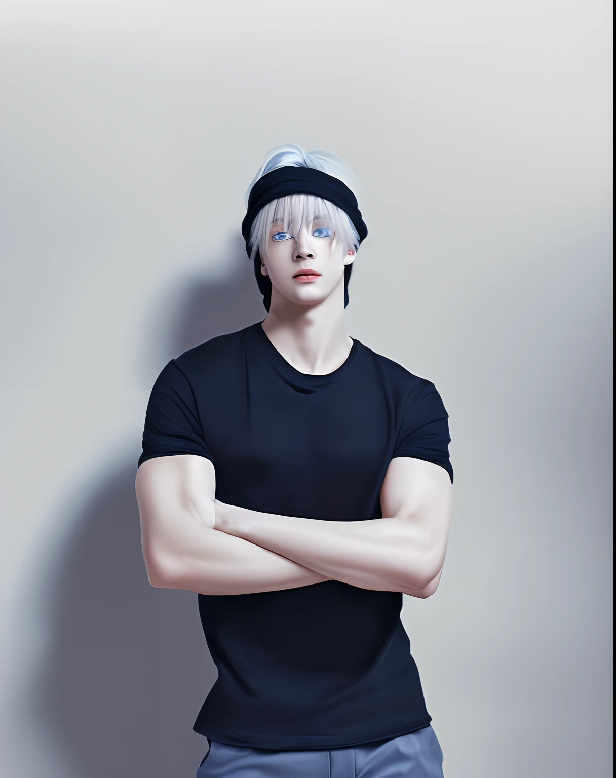 (finely detailed beautiful eyes and detailed face,masterpiece sidelighting,masterpiece,best quality,detailed,high resolution illustration),, (1men,lustrous skin,looking down,looking at viewer),, (white hair,blue eyes,Jujutsu Kaisen、Gojo Gojo、Black attire(((Detailed hand))), korean clothes)