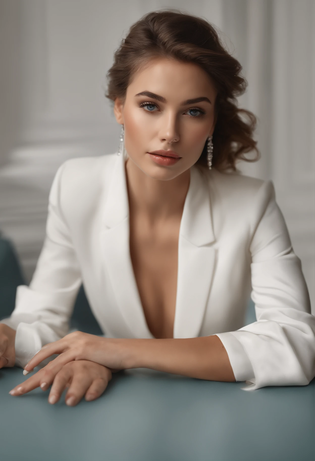 A girl in a short ponytail is lying on a dining table in a suit,  yeux clairs, freckled perfect body,  (Regardez le spectateur:0.8), (pureerosface_v1:0.2), detached sleeves, ouvrir bouche, Bangss, 1fille, Sparkly Skin, (Masterpiece;1.0), (photoreallistic:1.4), (mise au point nette:1.2),