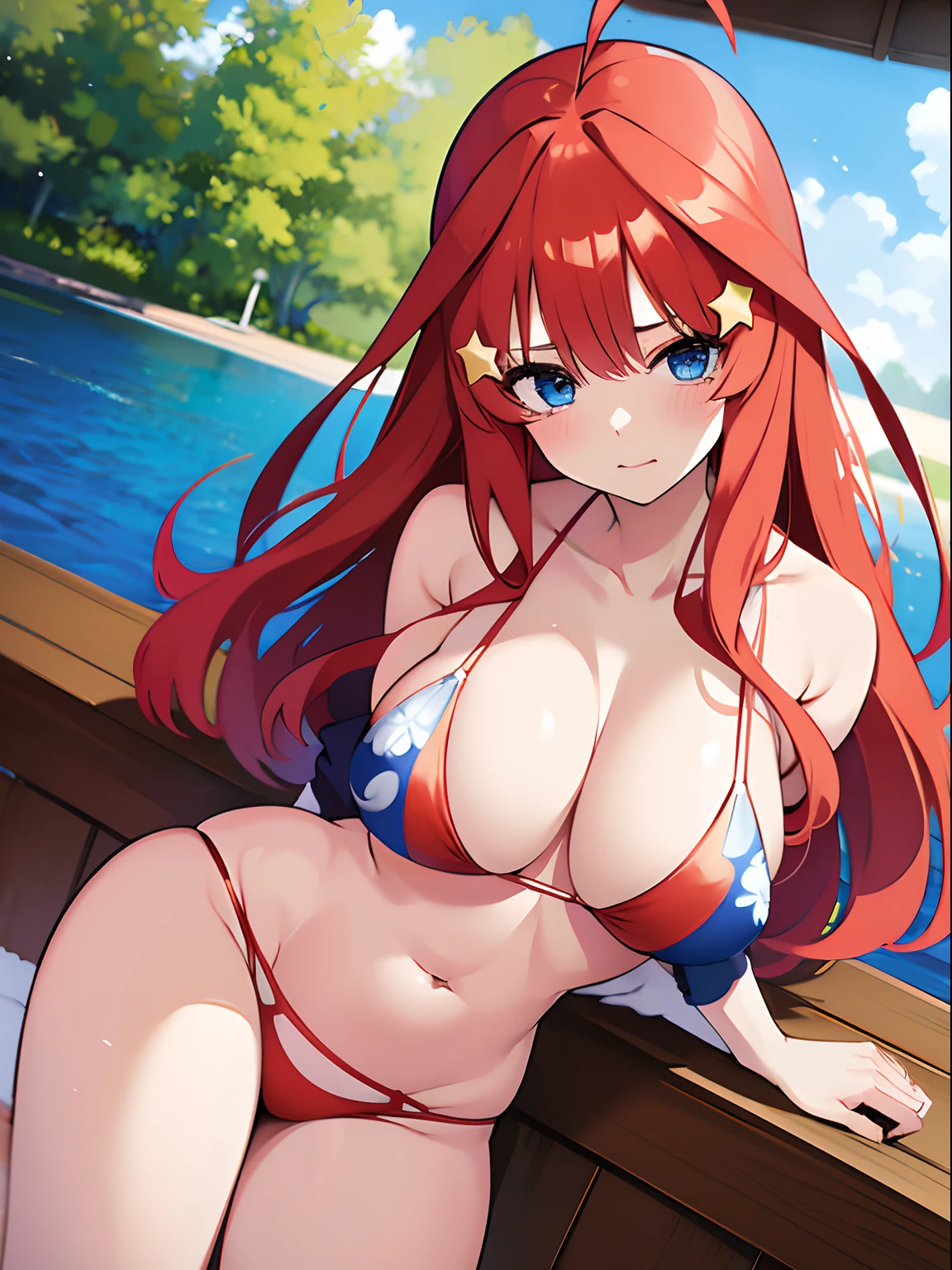 Satsuki Nakano(The Bride of Fifths)、1girl、​masterpiece、top-quality、ultramarine blue eye, long red hair, star hair ornament, crimson  bikini、ahoge, A sexy、swimming pools、full bodyesbian、dynamic angle,