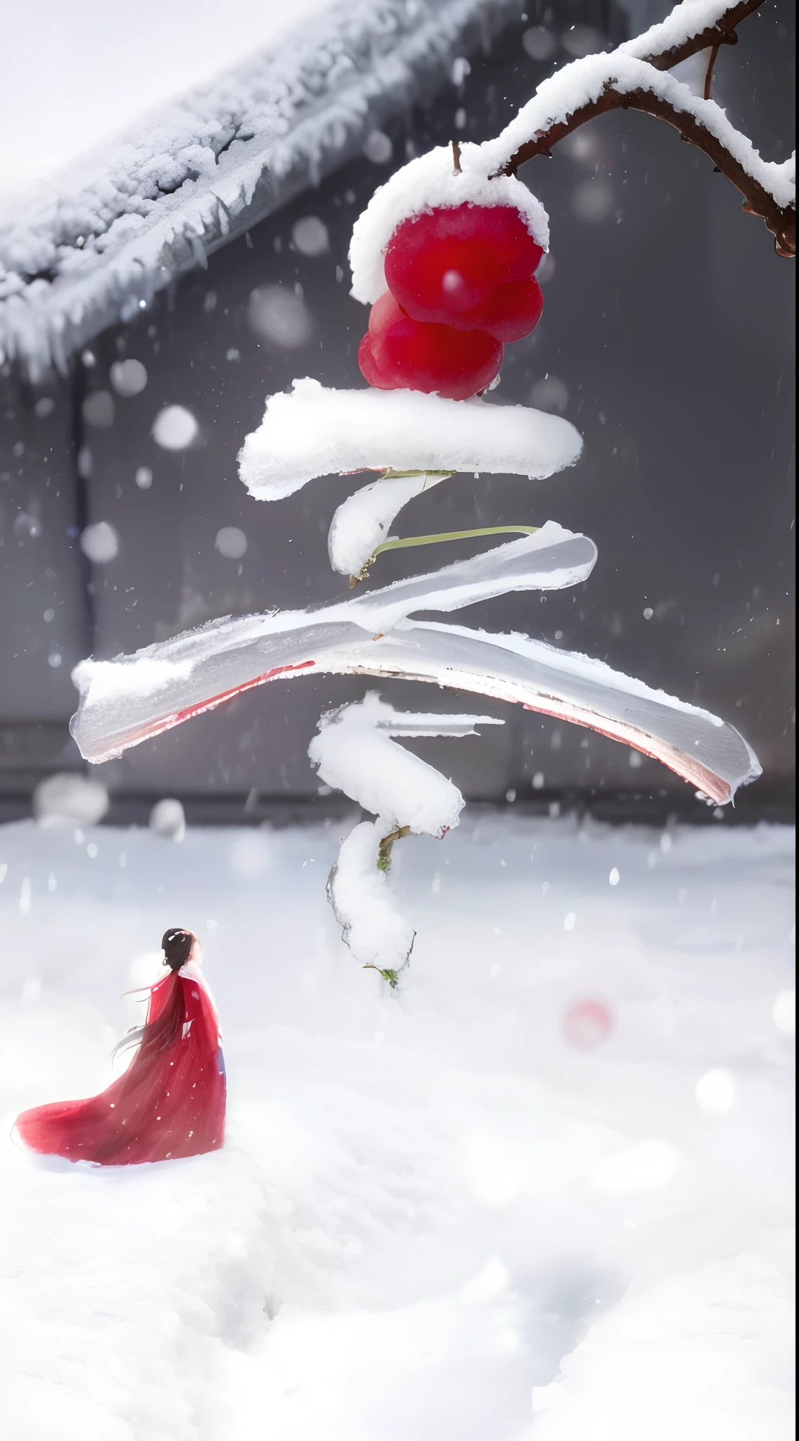 There are berries on the branches，one-girl，There is a red berry on the branch, shadowing，Inspired by Cao Zhibai, inspired by Li Mei-shu, nevando, illustration!, inspired by Zhang Wo, inspired by Cao Buxing, snowstorm ::5, takato yomamoto. 4 k'', Chinese style, inspired by Ma Yuanyu, inspired by Cui Bai