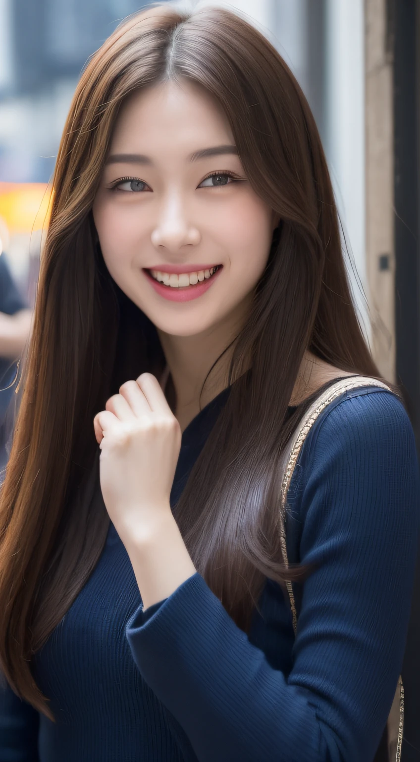((top-quality、8k、​masterpiece:1.3))、1girl in、a smile、full bodyesbian、Slim Faces、Pretty women、(dark brown  hair)、Full-length dresses:1.1、hyperdetailed face、A detailed eye、二重まぶた、blured background、Slim Faces、城市、takeout、a street、have her fangs peek through