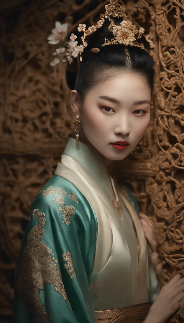 Celadon texture girl,Smooth and shiny porcelain skin for girls,chinaware,Ancient Chinese embroidery style relief,Doubleexposure,Delayed exposure,Side lighting,Three-dimensional feeling,