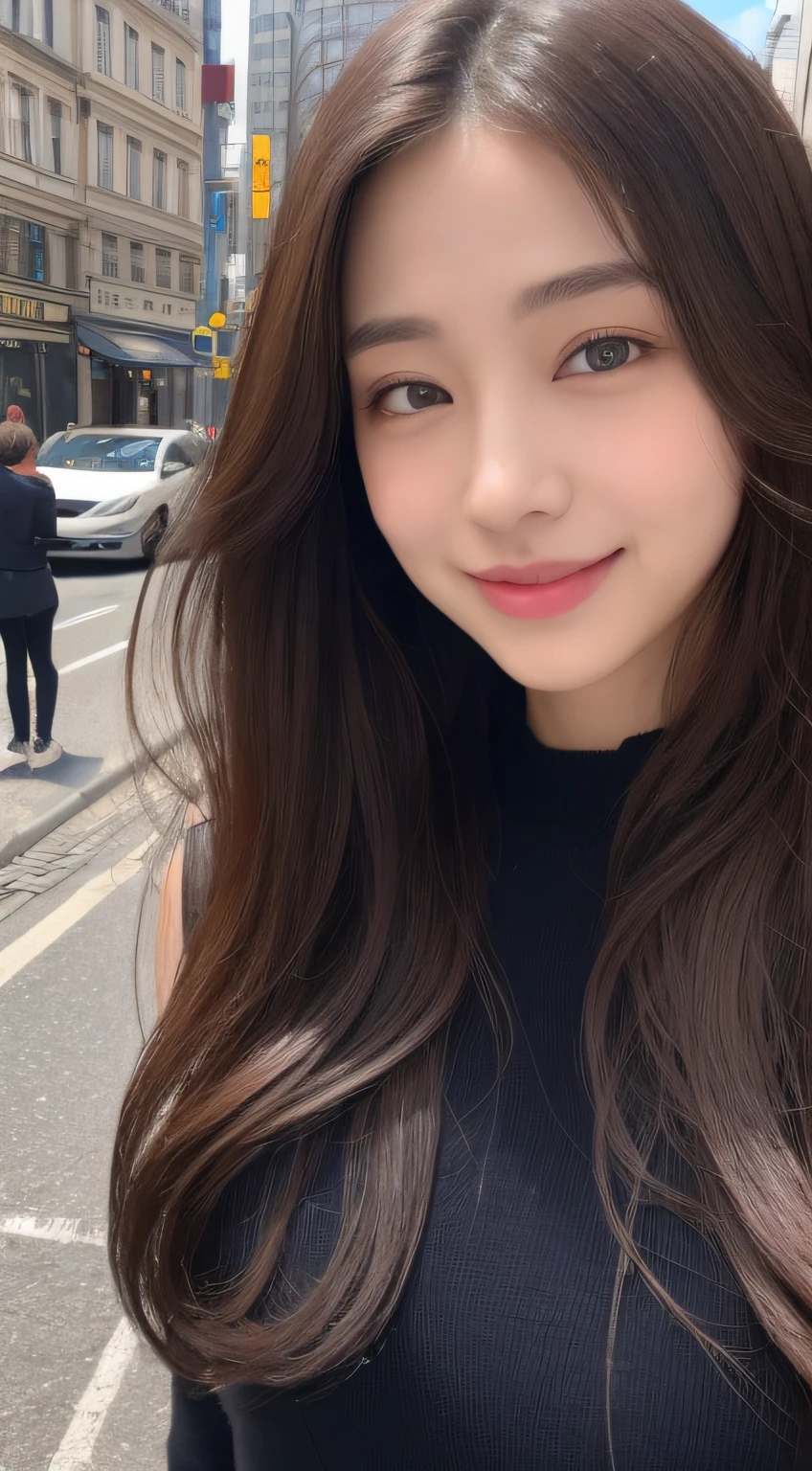 ((top-quality、8k、​masterpiece:1.3))、1girl in、a smile、full bodyesbian、Slim Faces、Pretty women、(dark brown  hair)、Full-length dresses:1.1、hyperdetailed face、A detailed eye、二重まぶた、blured background、Slim Faces、城市、takeout、a street、The very large thread incisors above peek out.、