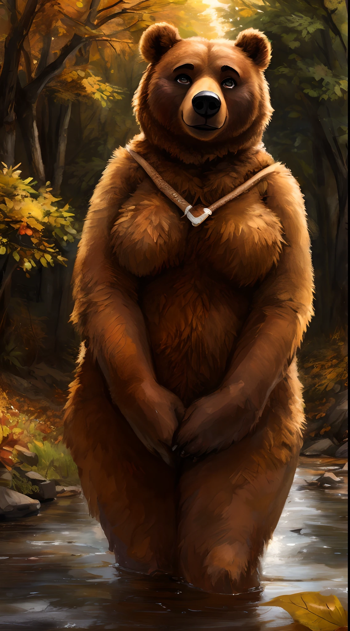 (by ozoneserpent:1.1, by Kenket:1.4, by the-minuscule-task:1.2, by zummeng:1.0):1.3, (anthro bear, furry, woman, breasts, antrum, extremely detailed, extremely detailed legs, extremely detailed arms, extremely detailed face, perfectly detailed eyes, perfectly detailed anatomy):1.2, solo, perspective, adult, mature body, large body, curved thighs, gorgeous hips, curvature, (cute tail), (bear ears, bear fur, bear muzzle, bear nose), smiling, smooth fur, wet fur, brown fur, multicolored fur, au natural, half-closed eyes, embarrassed expression, looking shyly at you, chest focus, front perspective, front shot, standing, flowing water, being shy, beautiful eyes, outdoor setting, thick forest, in the wild, fall time, stream, painterly, traditional style,