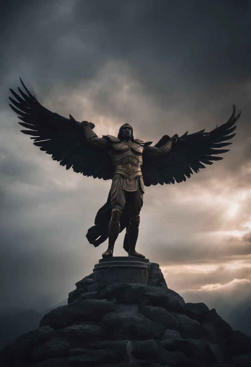 (best quality,4k,highres,masterpiece:1.2),ultra-detailed,realistic:1.37,giant demonic statue,stone sculpture,ominous atmosphere,ancient relic,dark shadows,weathered texture,imposing presence,towering figure,detailed features,eyes glowing with eerie light,monumental scale,majestic pose,mysterious runes,cracks and weathering on the surface,ethereal aura,surrounded by mist,ominous sky,ominous lighting,dramatic composition约束