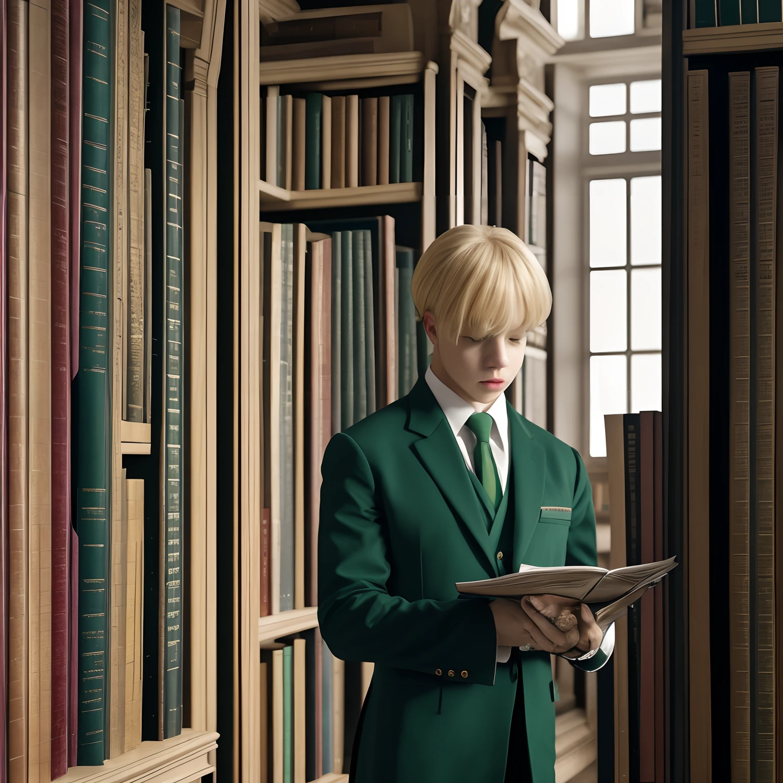 Blond Jimin from BTS, wearing the Slytherin uniform, standing, reading a book, with a library in the background